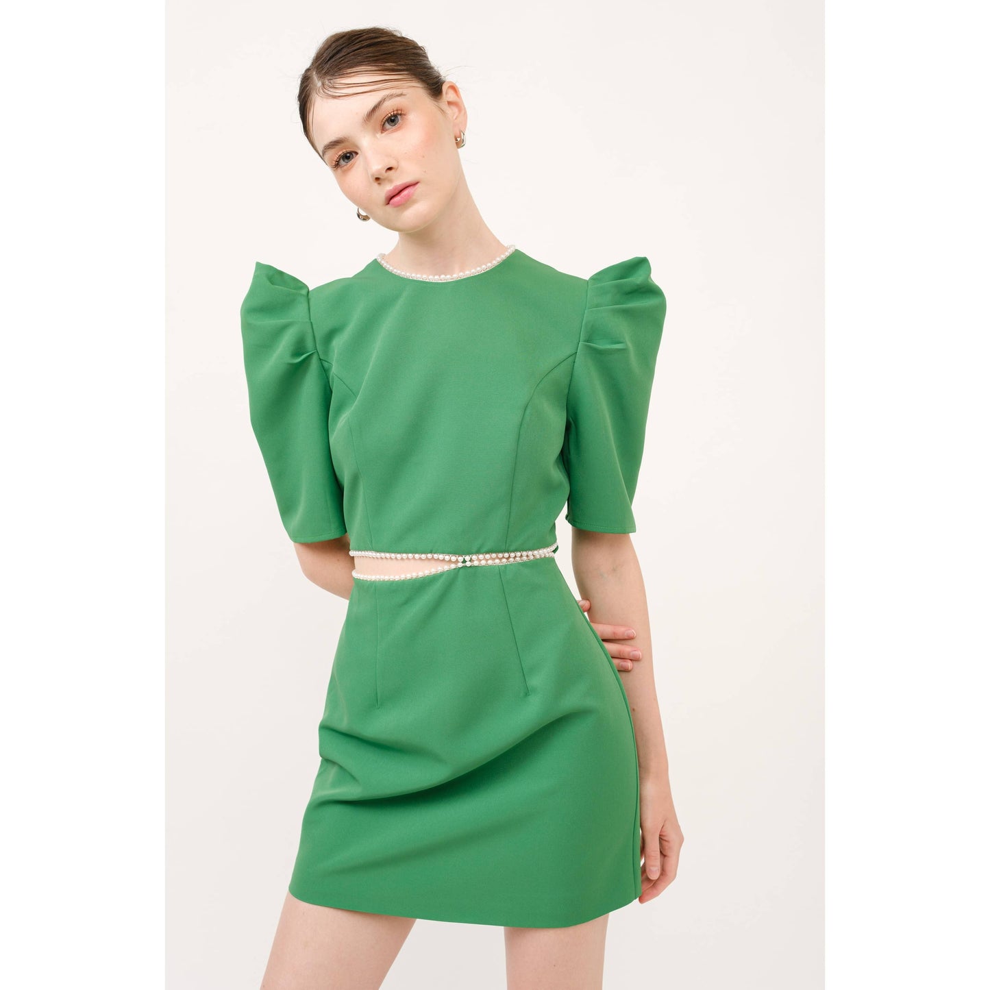 Short Puff Sleeve Pearl Trim Cut out Mini Dress