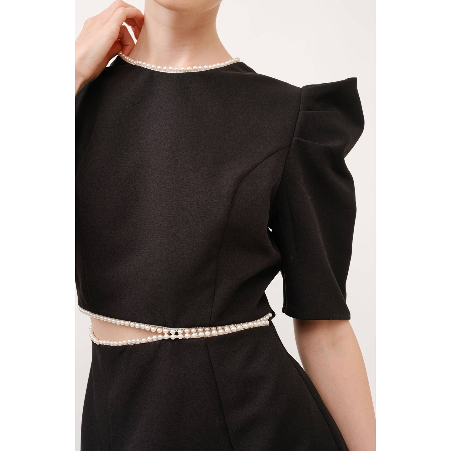 Short Puff Sleeve Pearl Trim Cut out Mini Dress