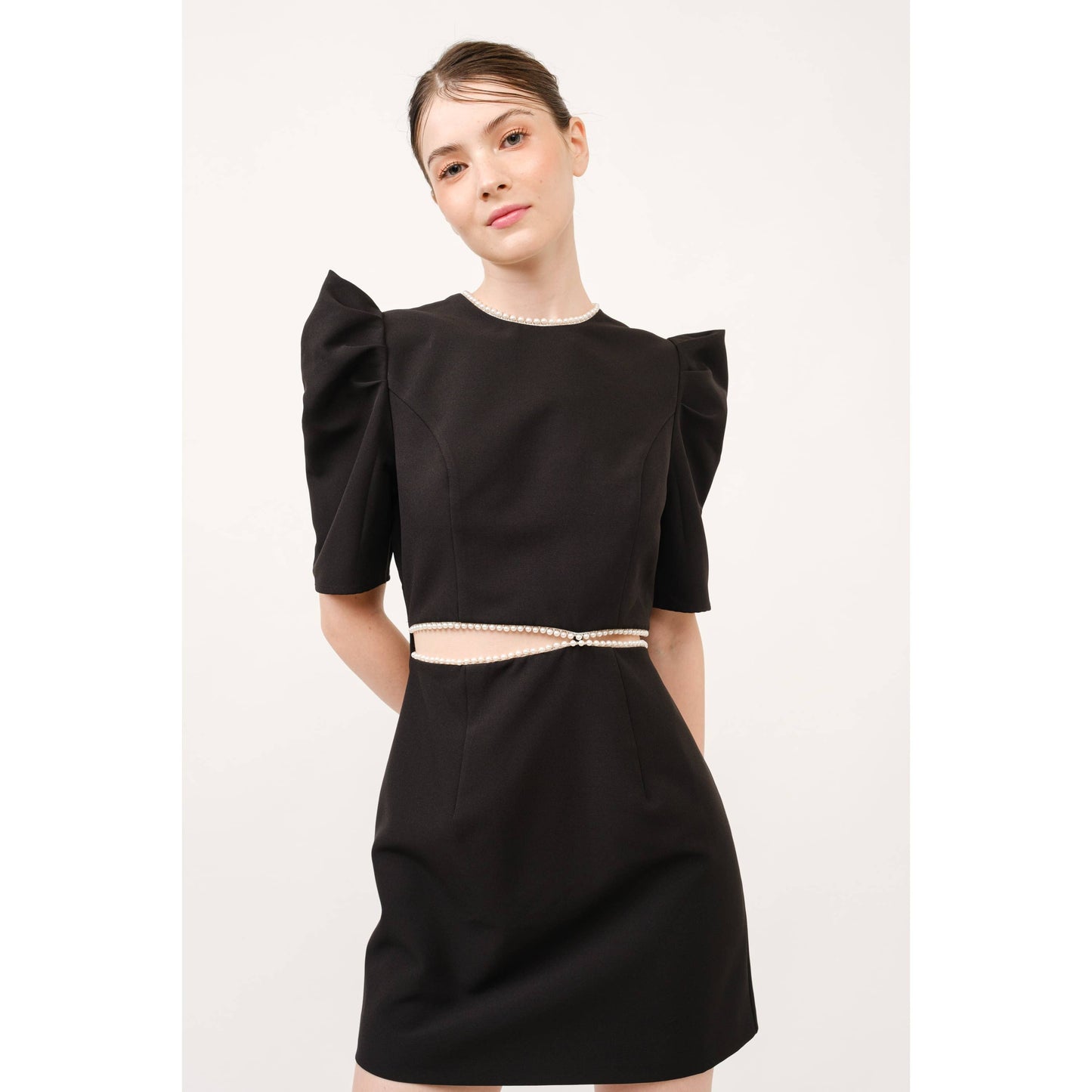 Short Puff Sleeve Pearl Trim Cut out Mini Dress