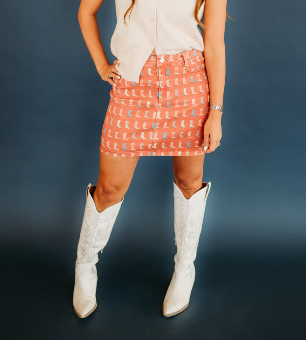 STRETCHY WESTERN BOOT PRINTS WASHED MINI SKIRT