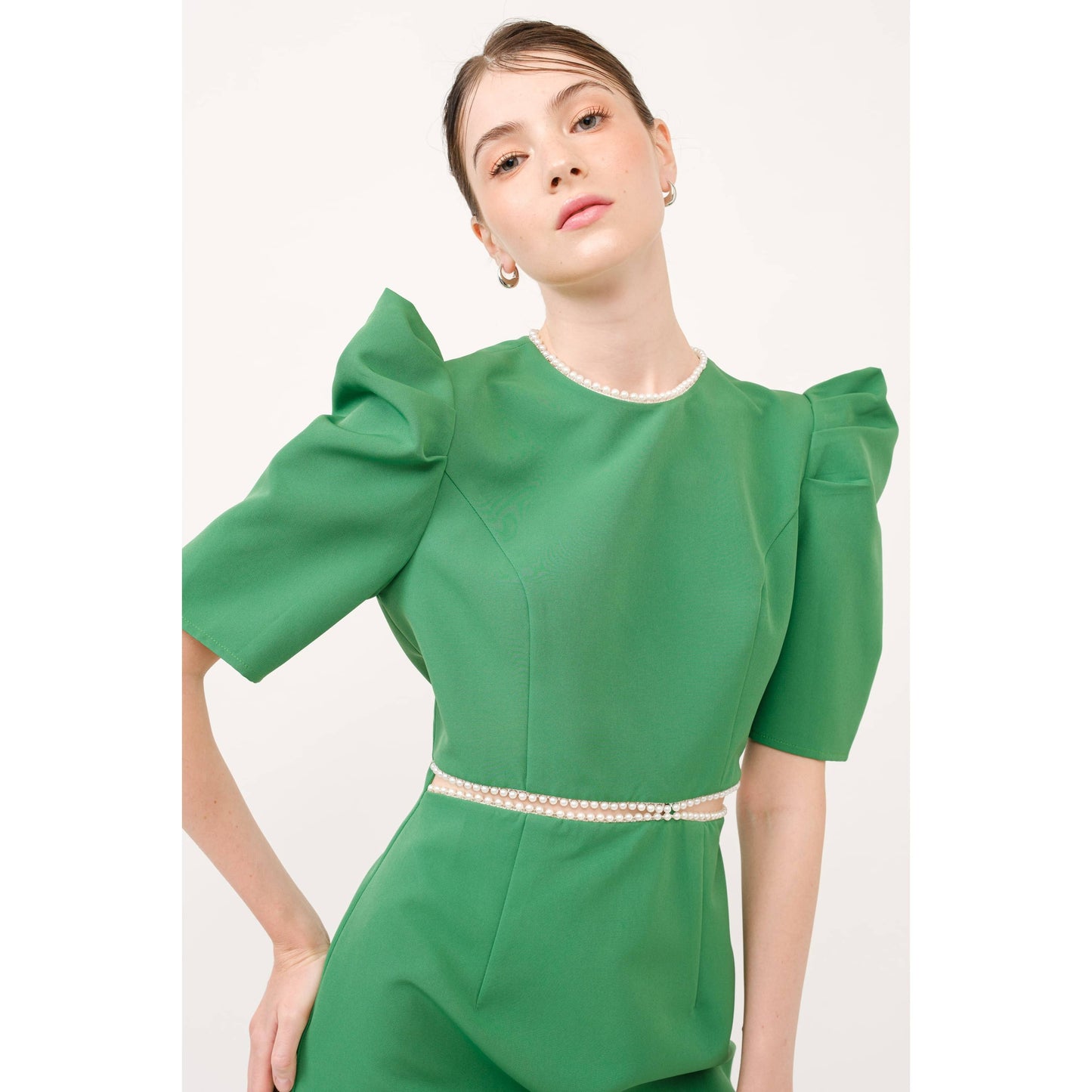 Short Puff Sleeve Pearl Trim Cut out Mini Dress
