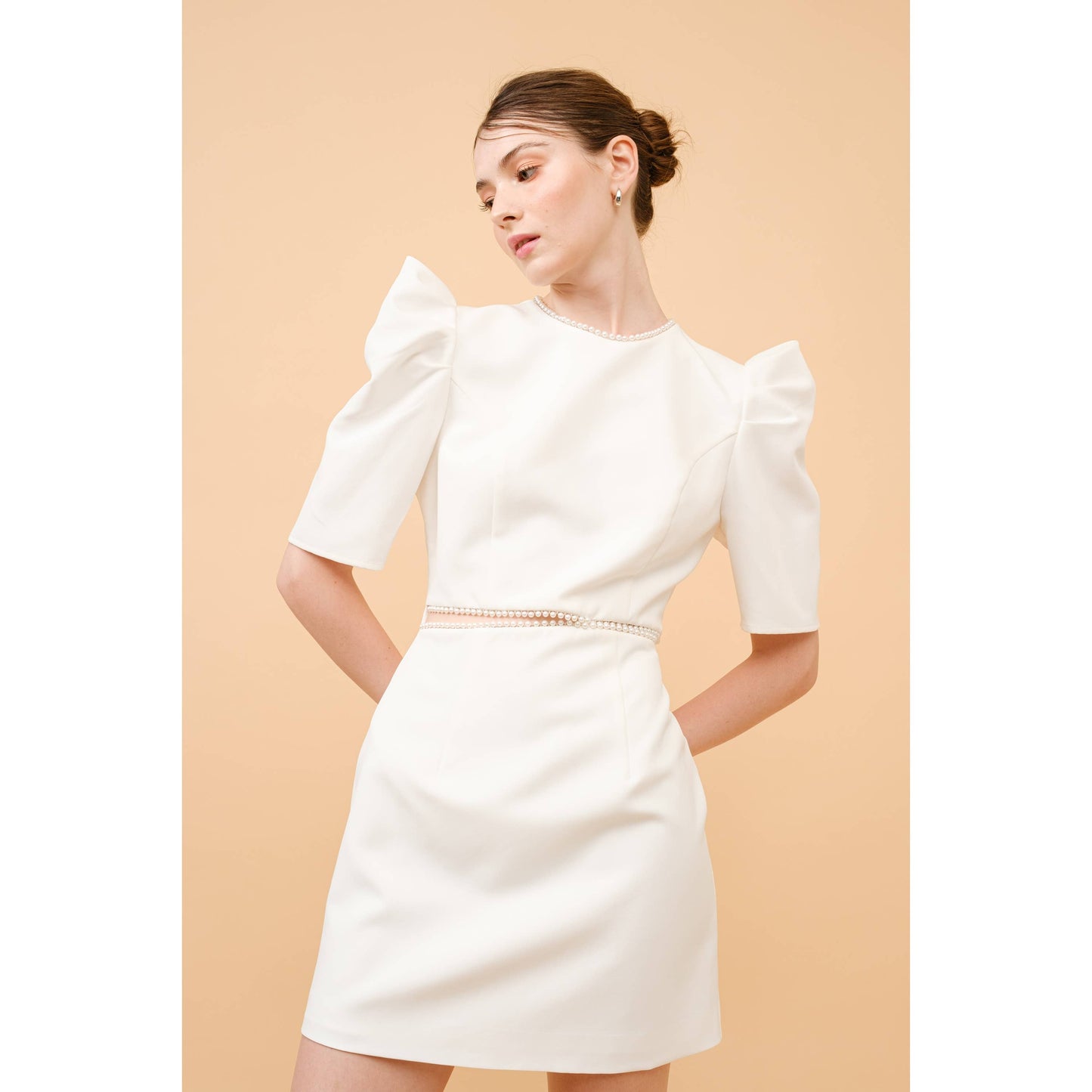 Short Puff Sleeve Pearl Trim Cut out Mini Dress