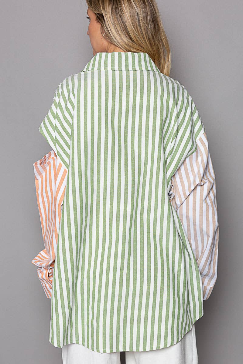Oversize long sleeve cut color block stripe shirt SALE