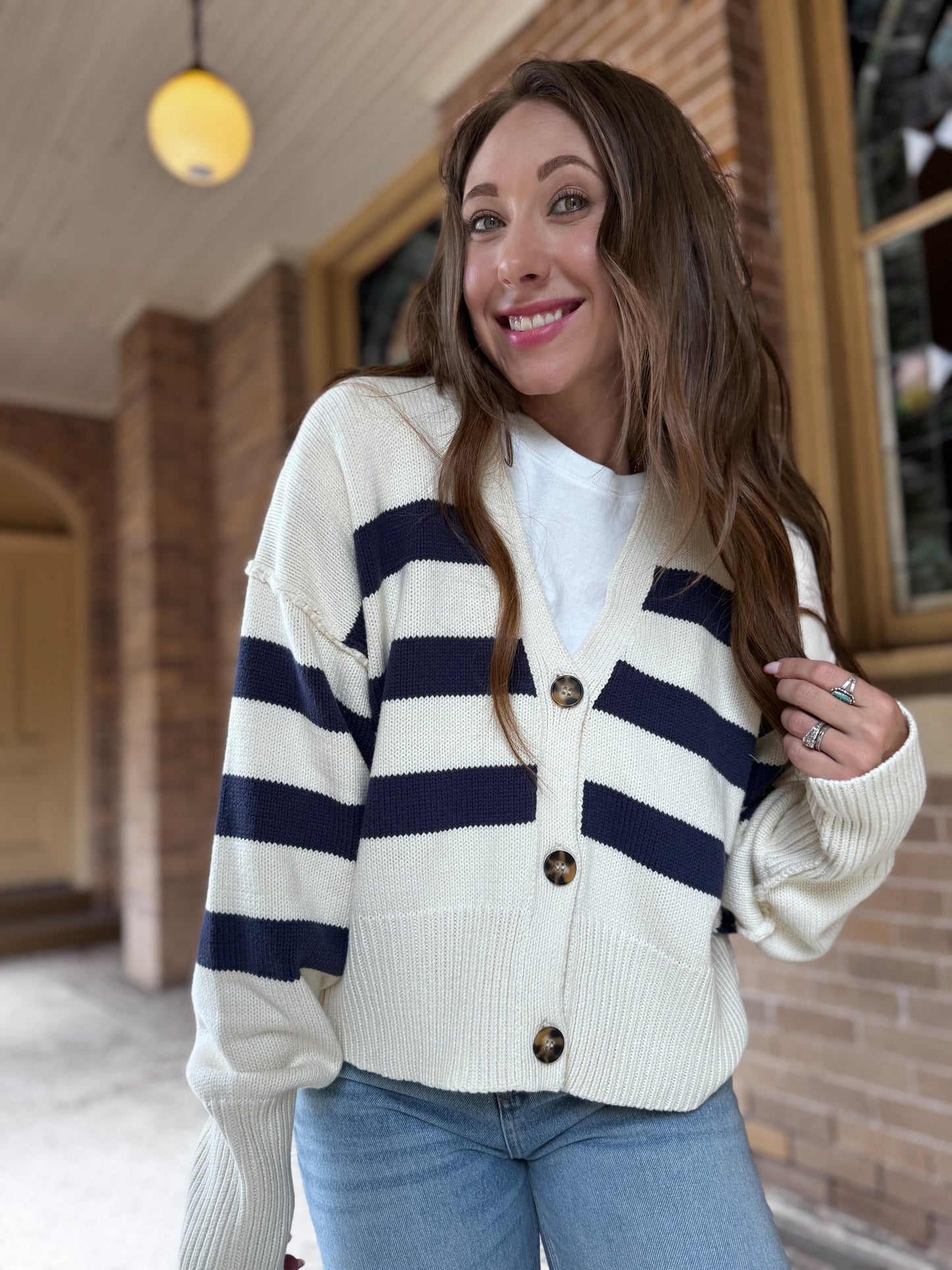 W1537 | Knit Sweater Striped Button Down Cardigan