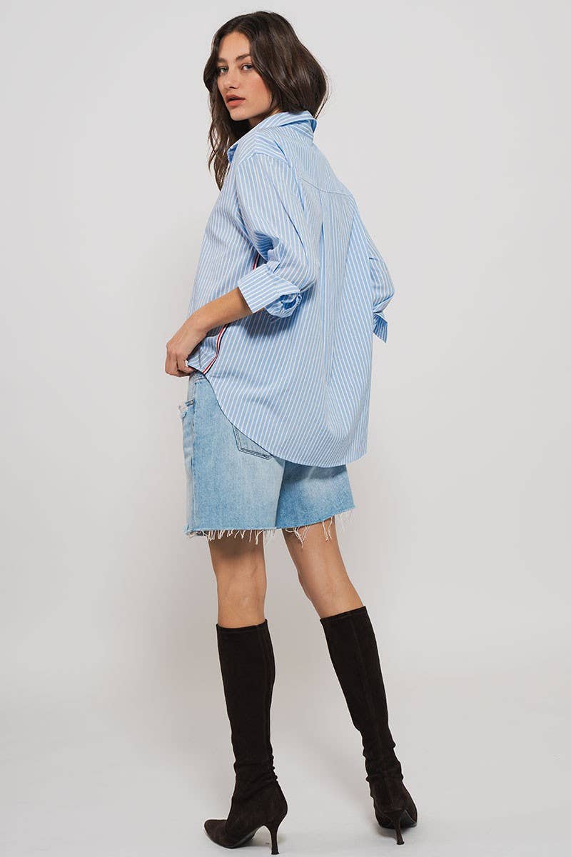 TWILL TAPE BUTTON DOWN OVERSIZED STRIPE SHIRT