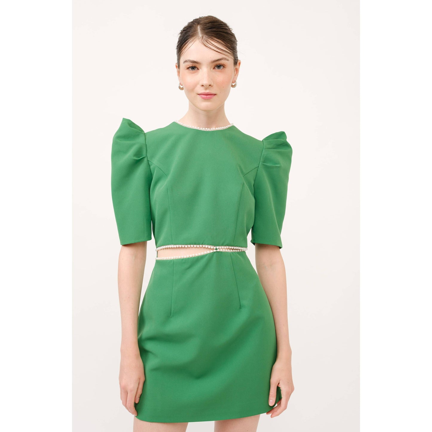 Short Puff Sleeve Pearl Trim Cut out Mini Dress