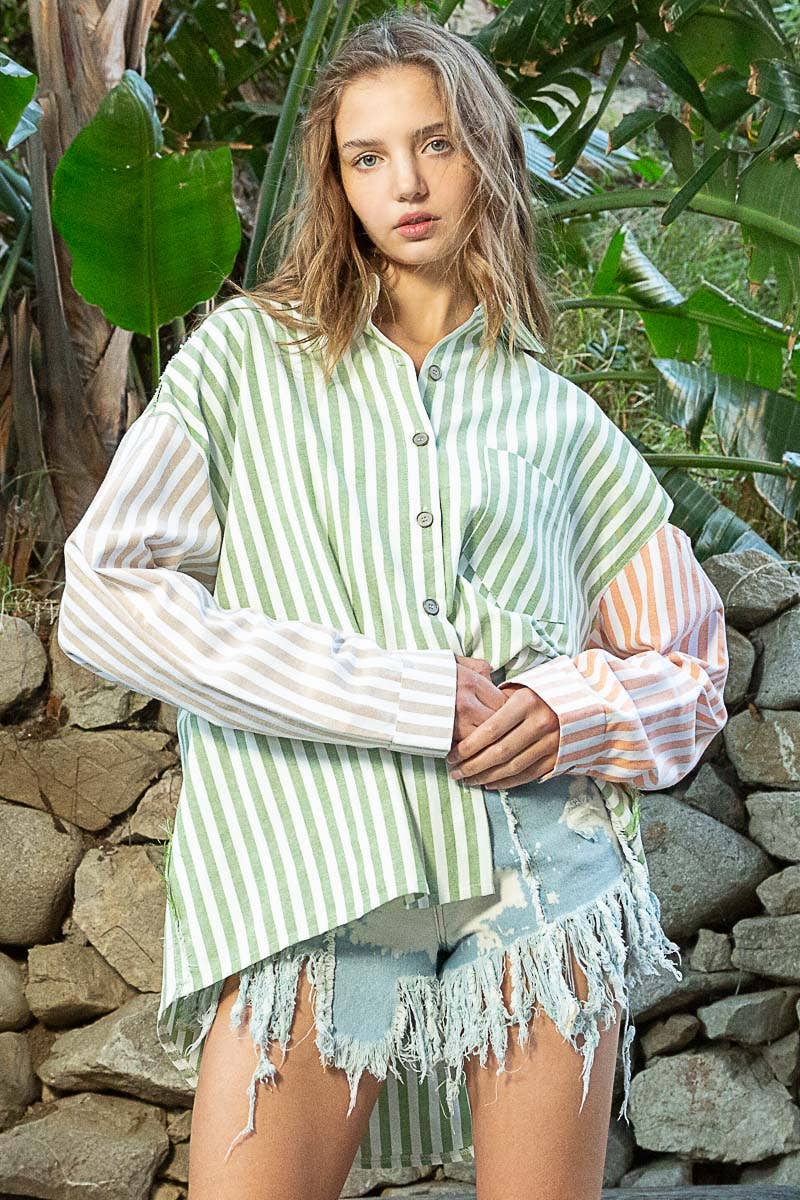 Oversize long sleeve cut color block stripe shirt SALE