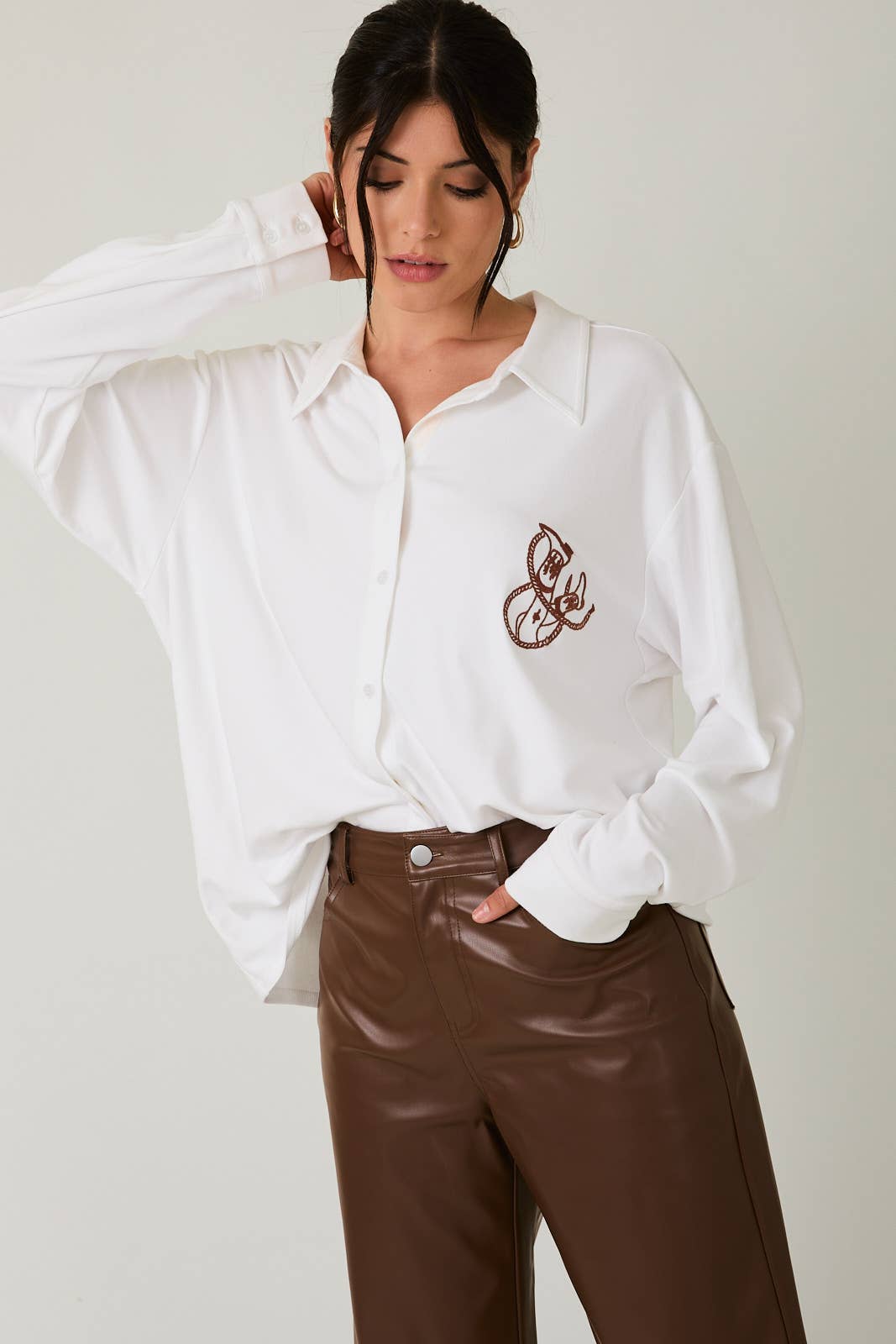 COWGIRL EMBROIDERED JERSEY BUTTON DOWN SHIRT