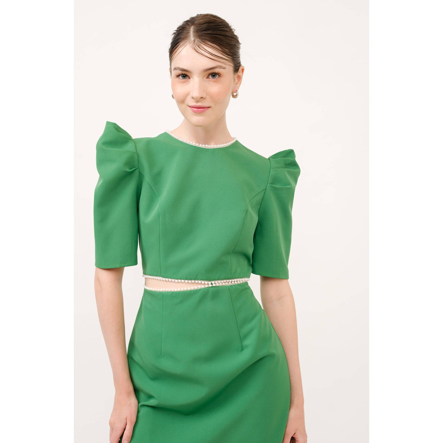 Short Puff Sleeve Pearl Trim Cut out Mini Dress