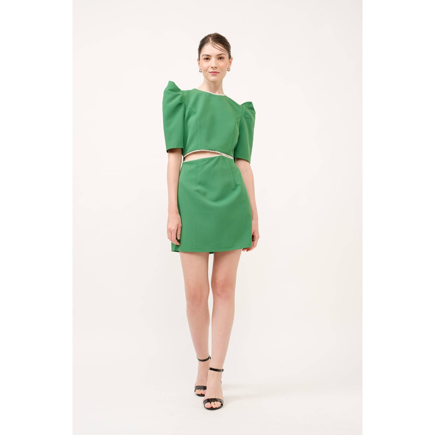 Short Puff Sleeve Pearl Trim Cut out Mini Dress