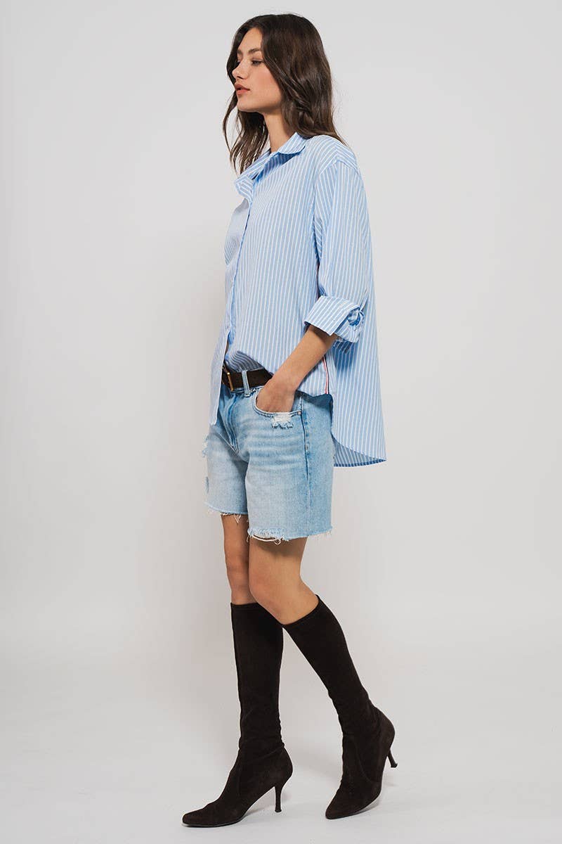 TWILL TAPE BUTTON DOWN OVERSIZED STRIPE SHIRT