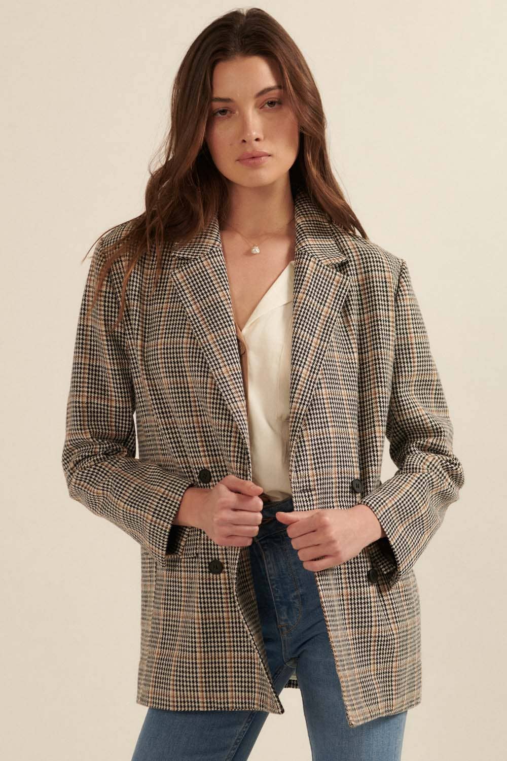 Plaid Notch Lapel Collar Double Breasted Blazer