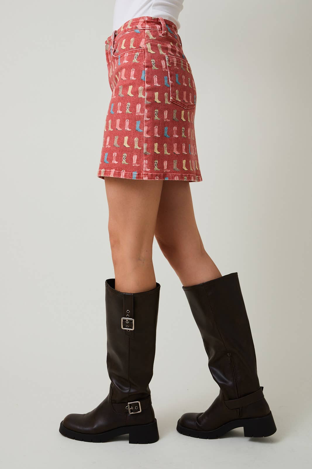 STRETCHY WESTERN BOOT PRINTS WASHED MINI SKIRT