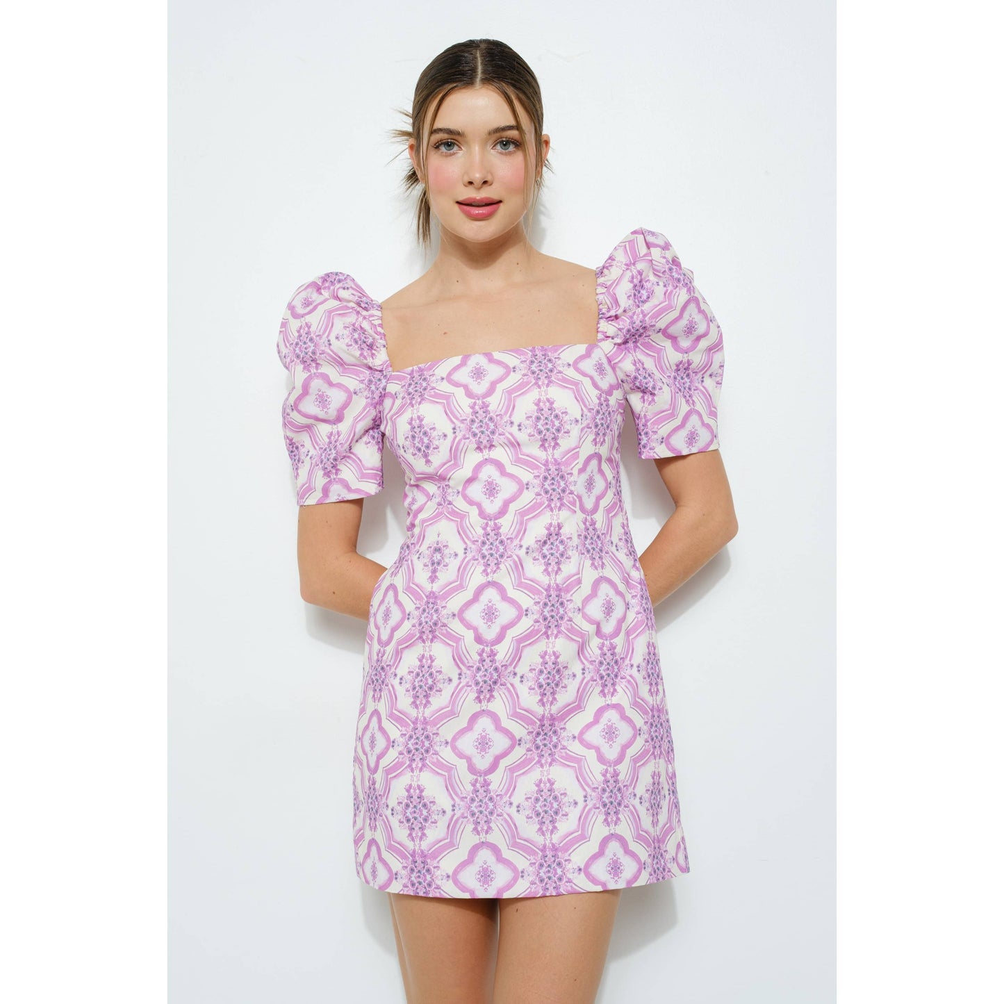 Cotton Puff Sleeve Geometric Floral Mini Dress