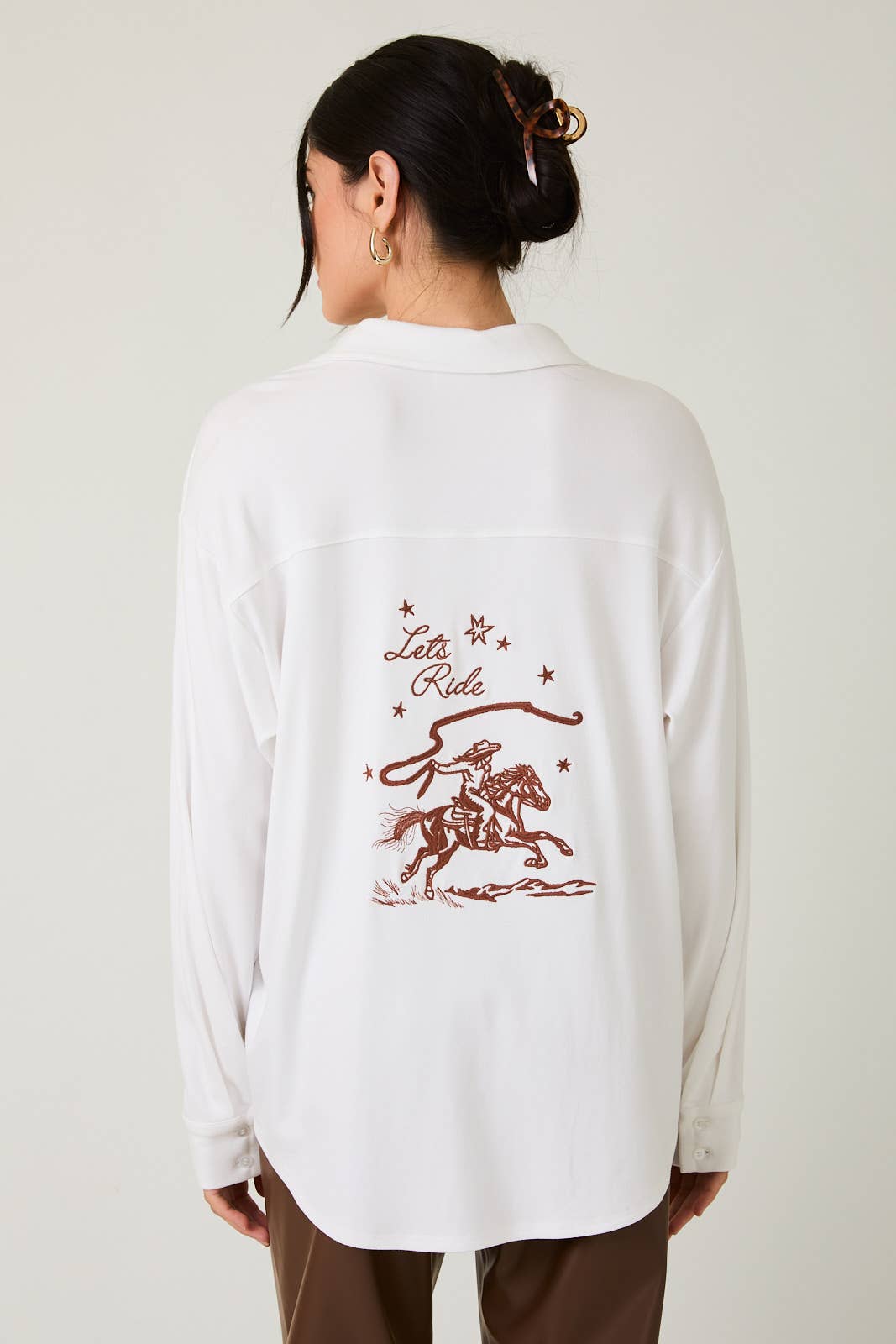 COWGIRL EMBROIDERED JERSEY BUTTON DOWN SHIRT