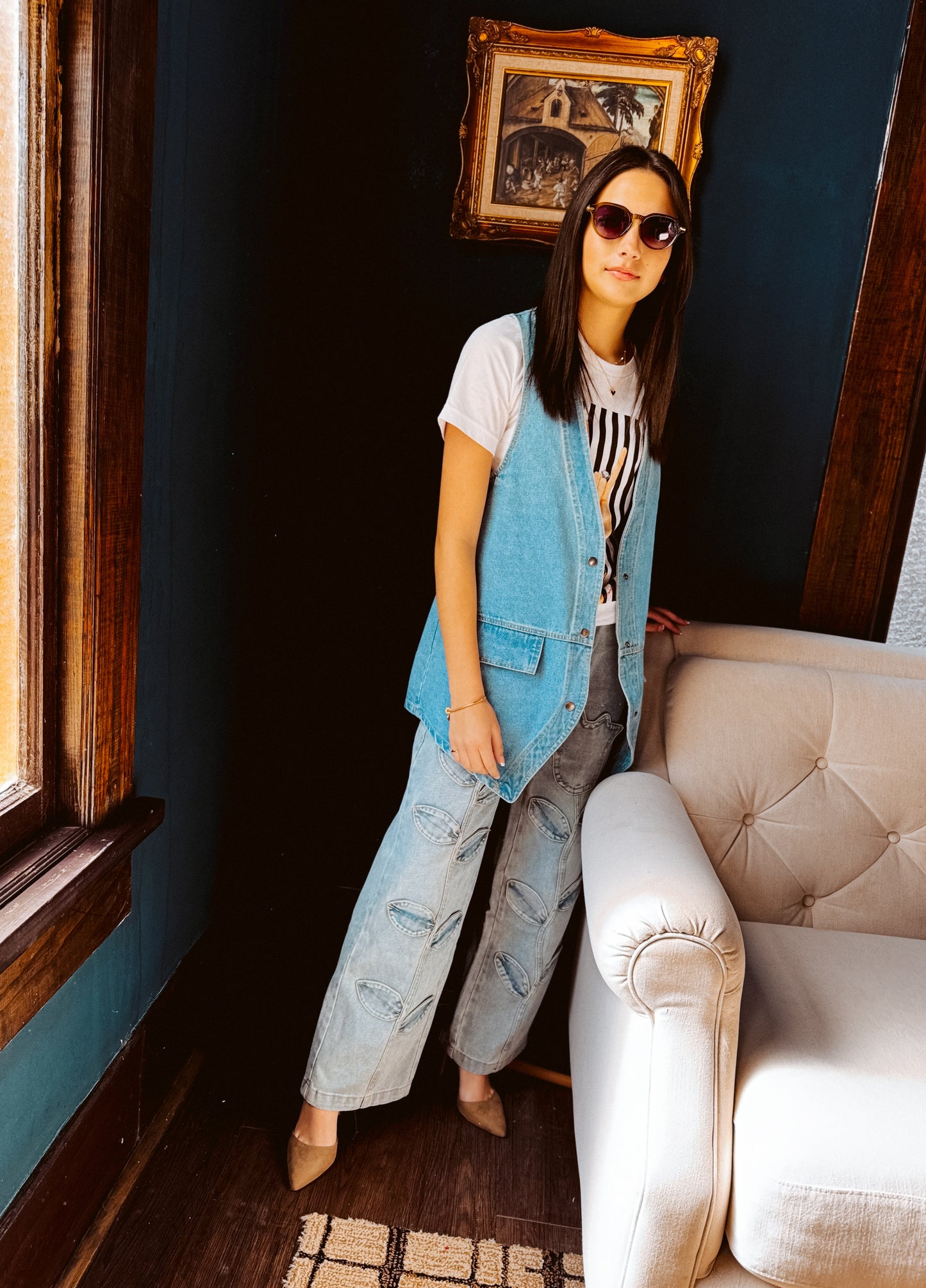 PT022Y Autumn Leaf Patchwork High Waist Denim Jeans