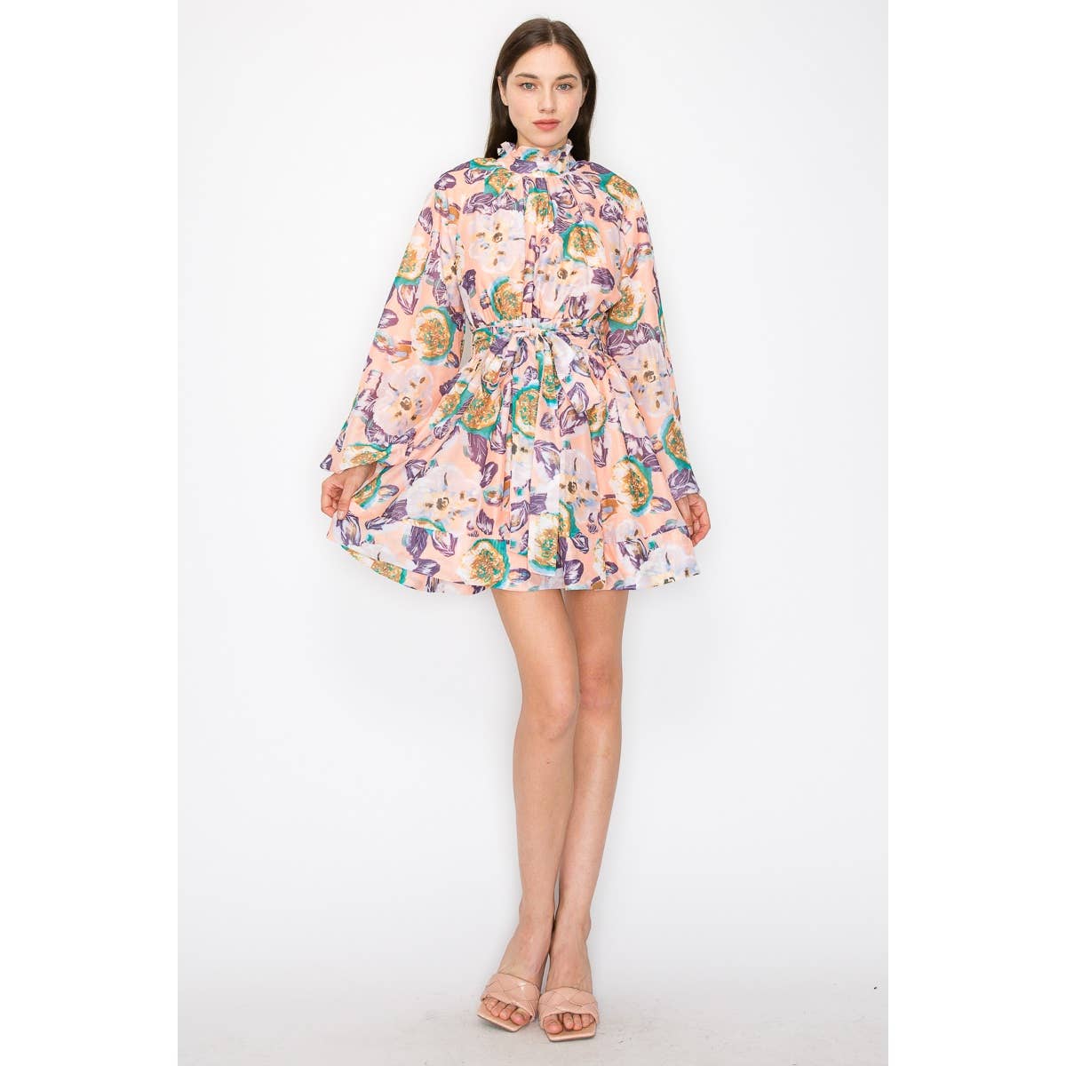 Long puff sleeve floral print self tie belt mini dress