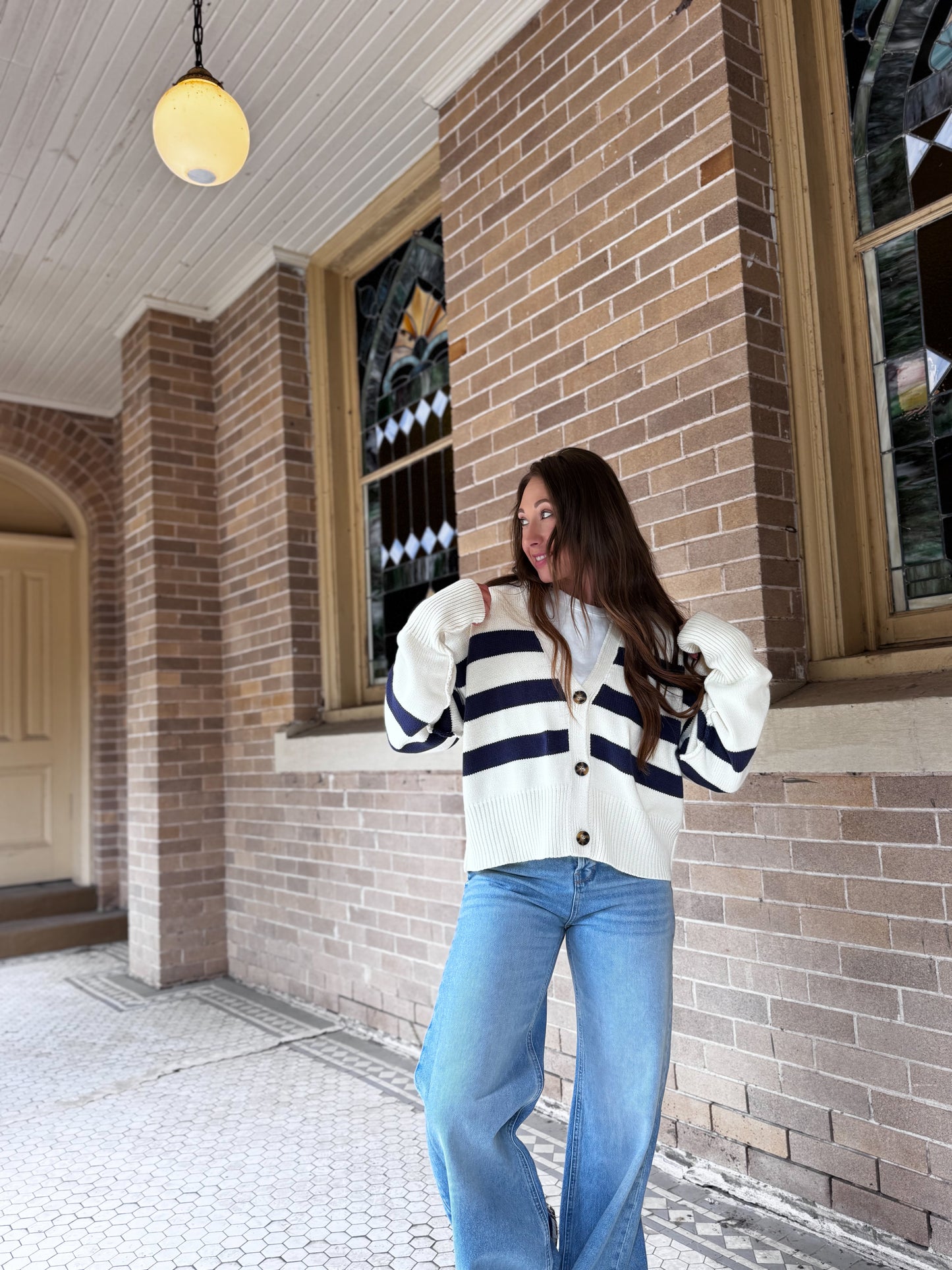 W1537 | Knit Sweater Striped Button Down Cardigan