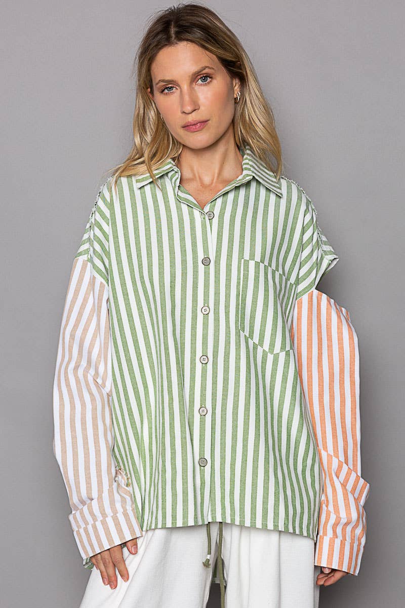 Oversize long sleeve cut color block stripe shirt SALE