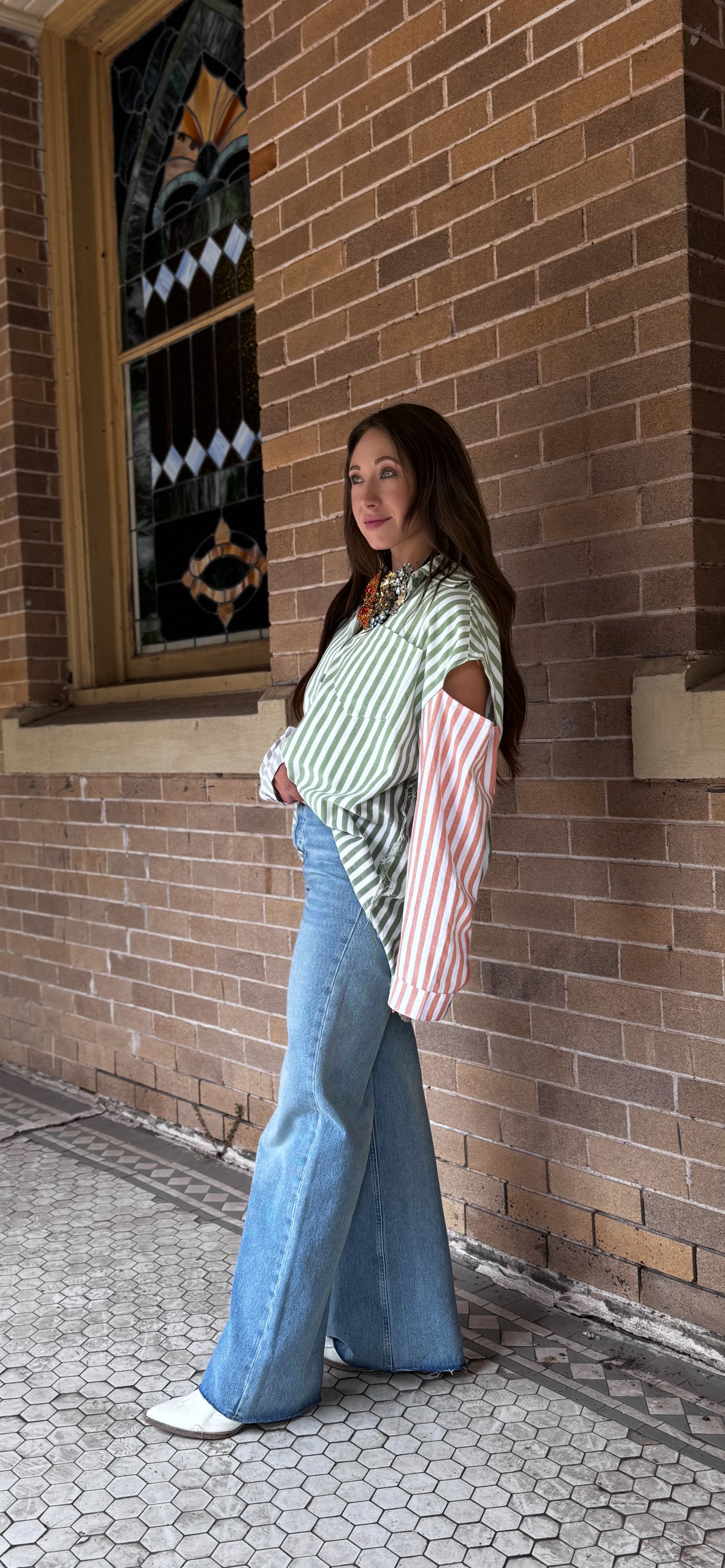 Oversize long sleeve cut color block stripe shirt SALE