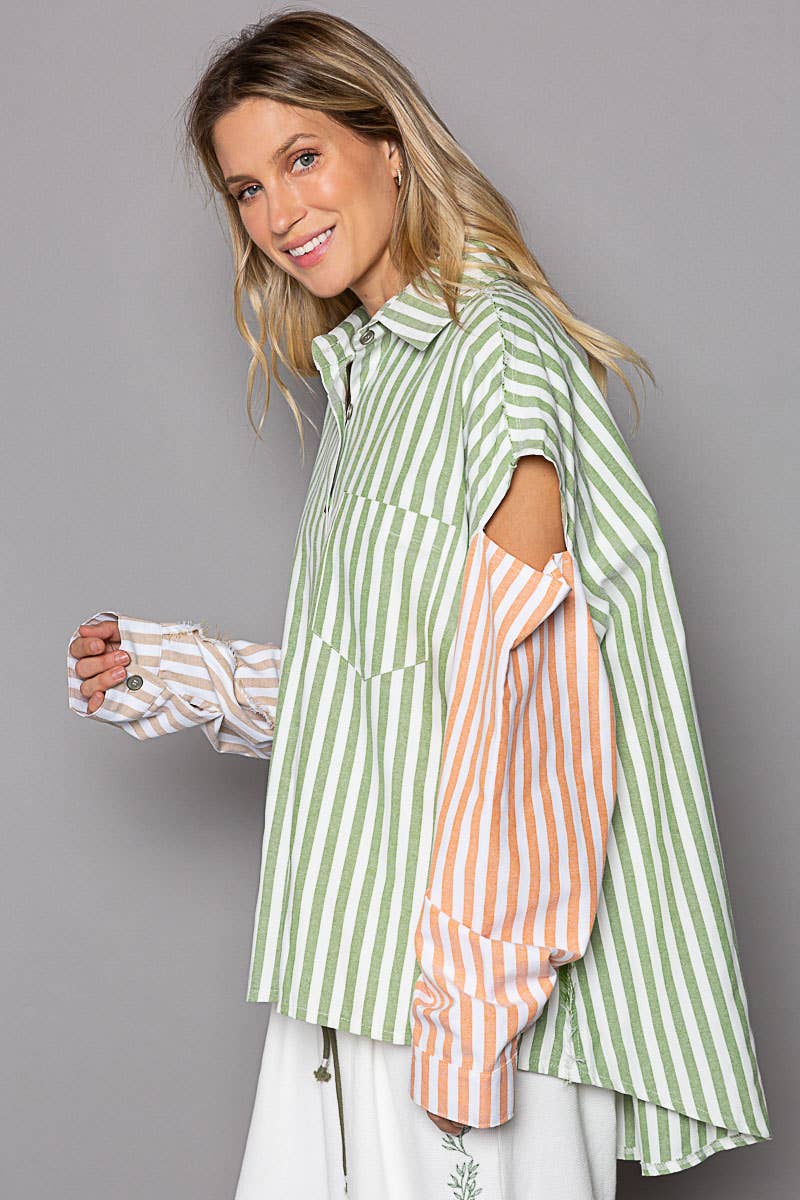 Oversize long sleeve cut color block stripe shirt SALE
