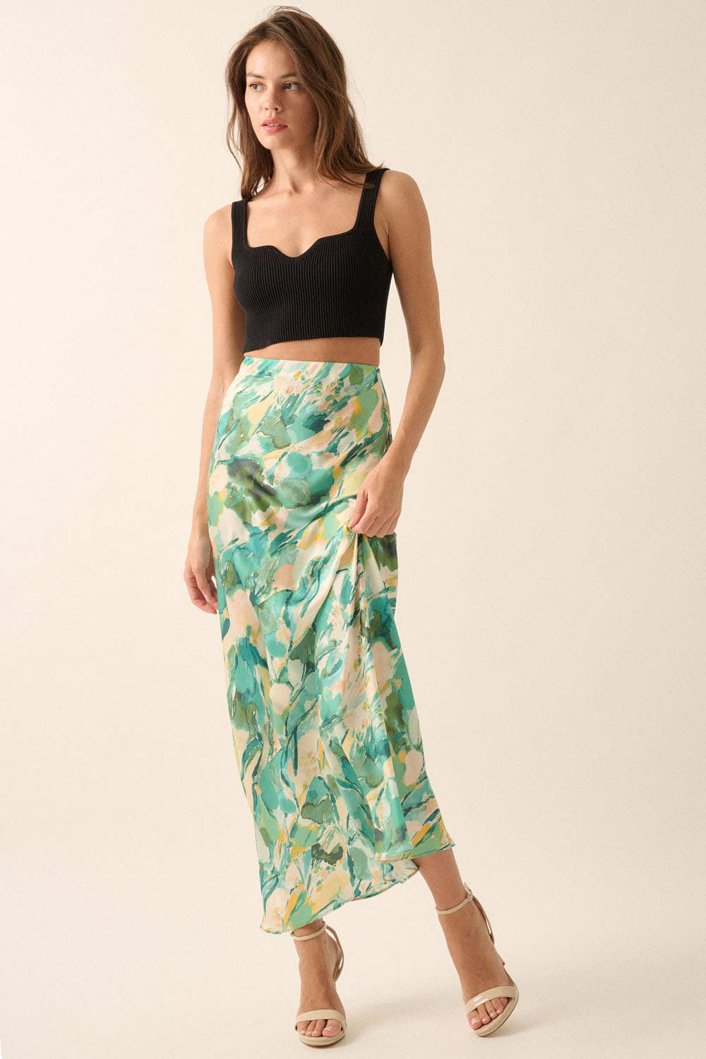 Abstract-Print Satin Bias-Cut Maxi Skirt