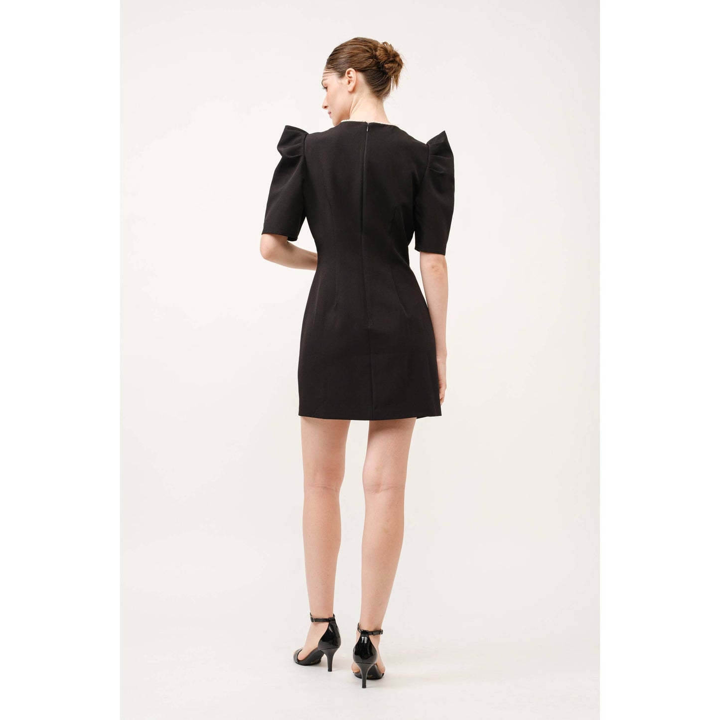 Short Puff Sleeve Pearl Trim Cut out Mini Dress