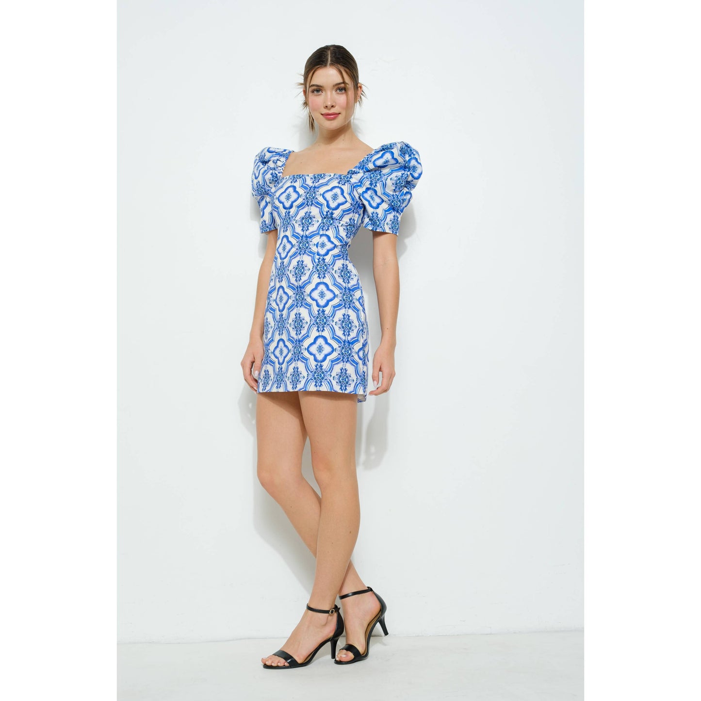 Cotton Puff Sleeve Geometric Floral Mini Dress