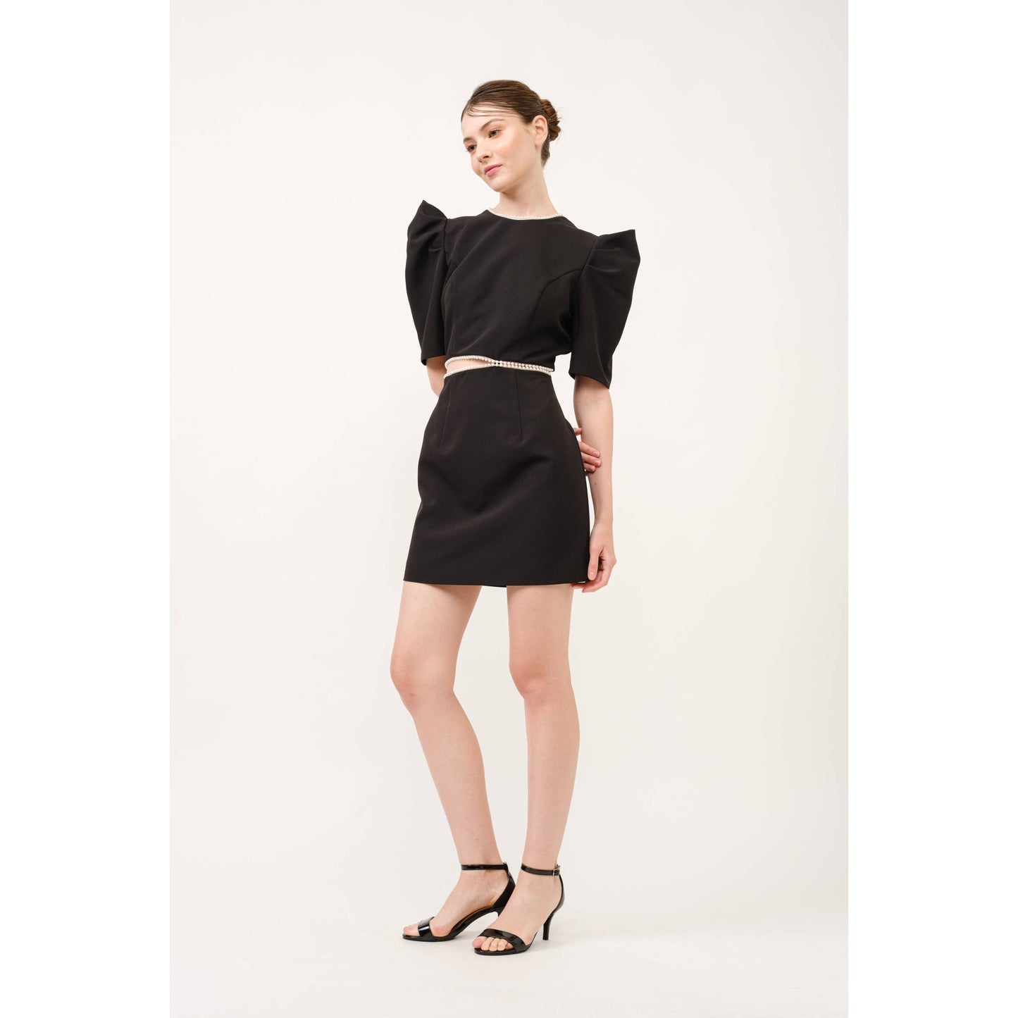 Short Puff Sleeve Pearl Trim Cut out Mini Dress