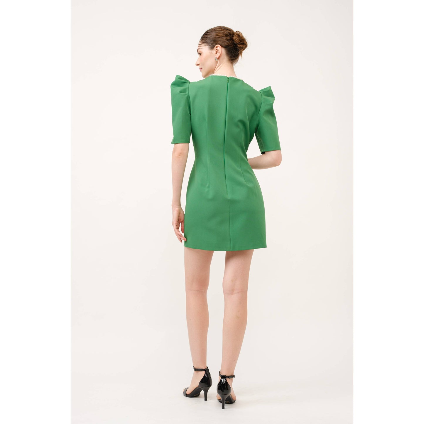 Short Puff Sleeve Pearl Trim Cut out Mini Dress