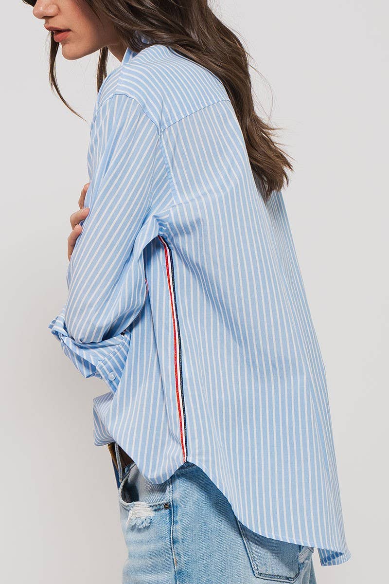 TWILL TAPE BUTTON DOWN OVERSIZED STRIPE SHIRT