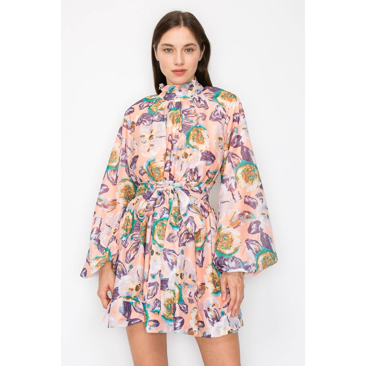 Long puff sleeve floral print self tie belt mini dress