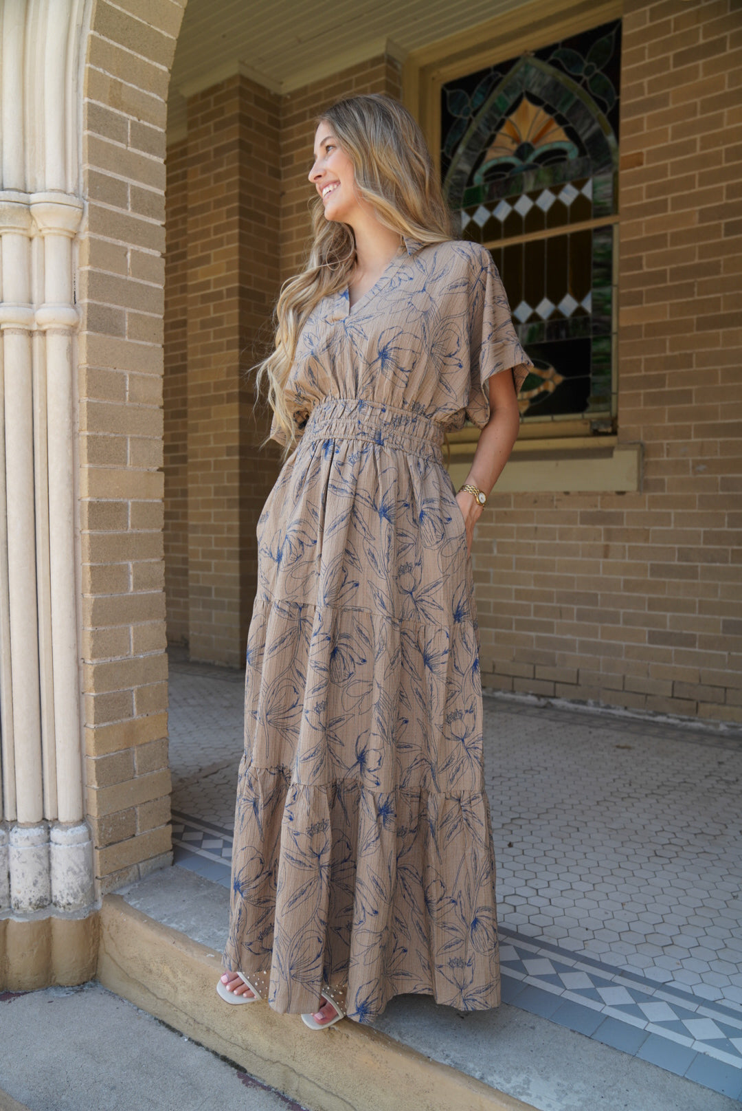 VINTAGE INSPIRED TEXTURED FLORAL MAXI DRESS WITH DOLMAN SLVS