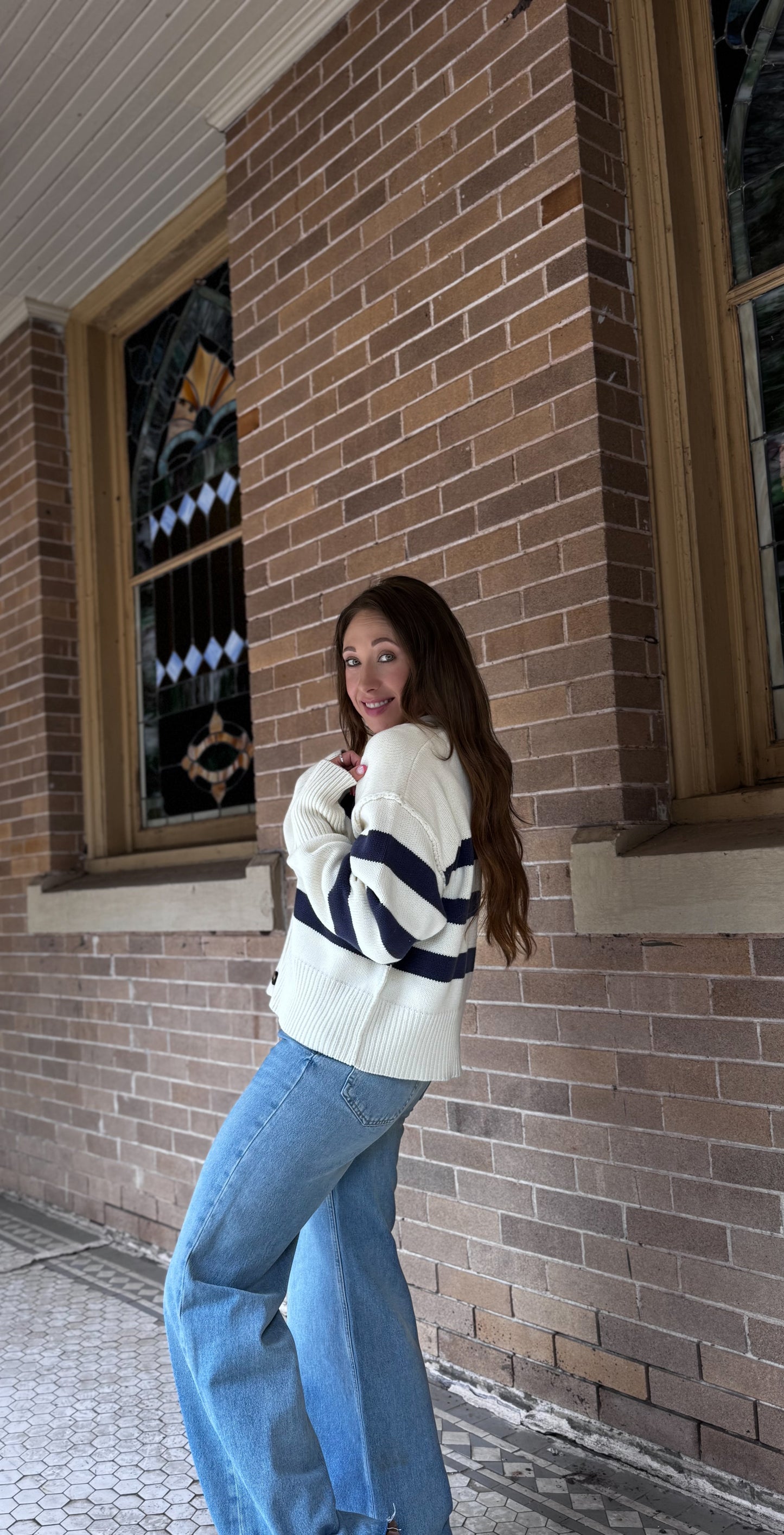 W1537 | Knit Sweater Striped Button Down Cardigan