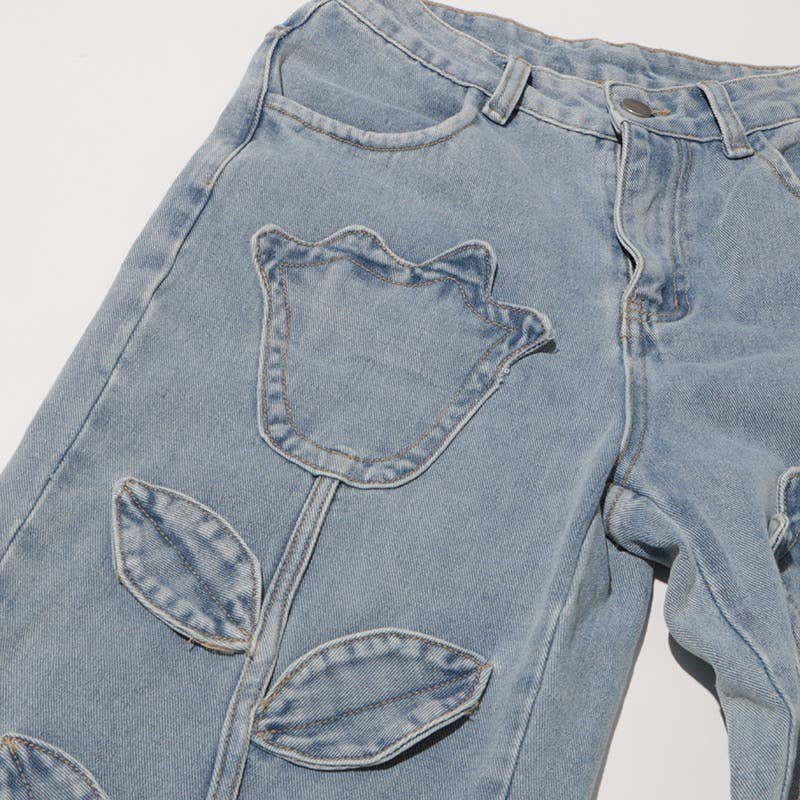 PT022Y Autumn Leaf Patchwork High Waist Denim Jeans