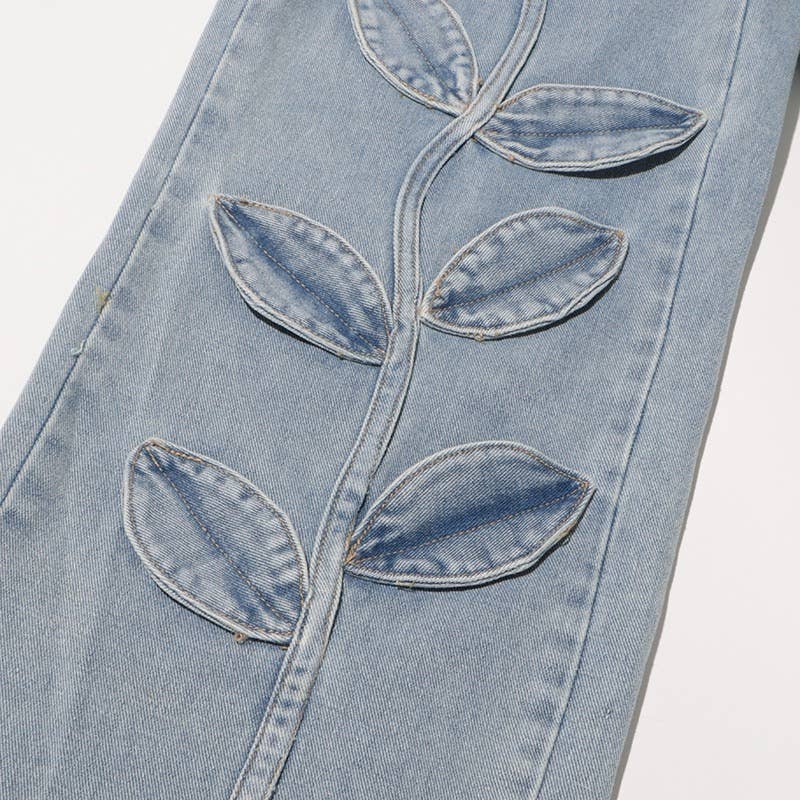 PT022Y Autumn Leaf Patchwork High Waist Denim Jeans