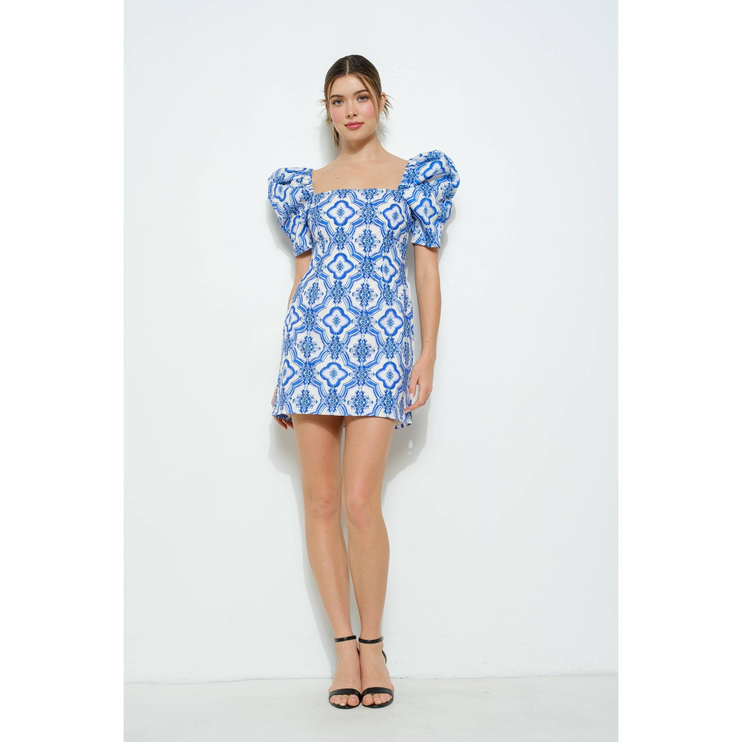 Cotton Puff Sleeve Geometric Floral Mini Dress