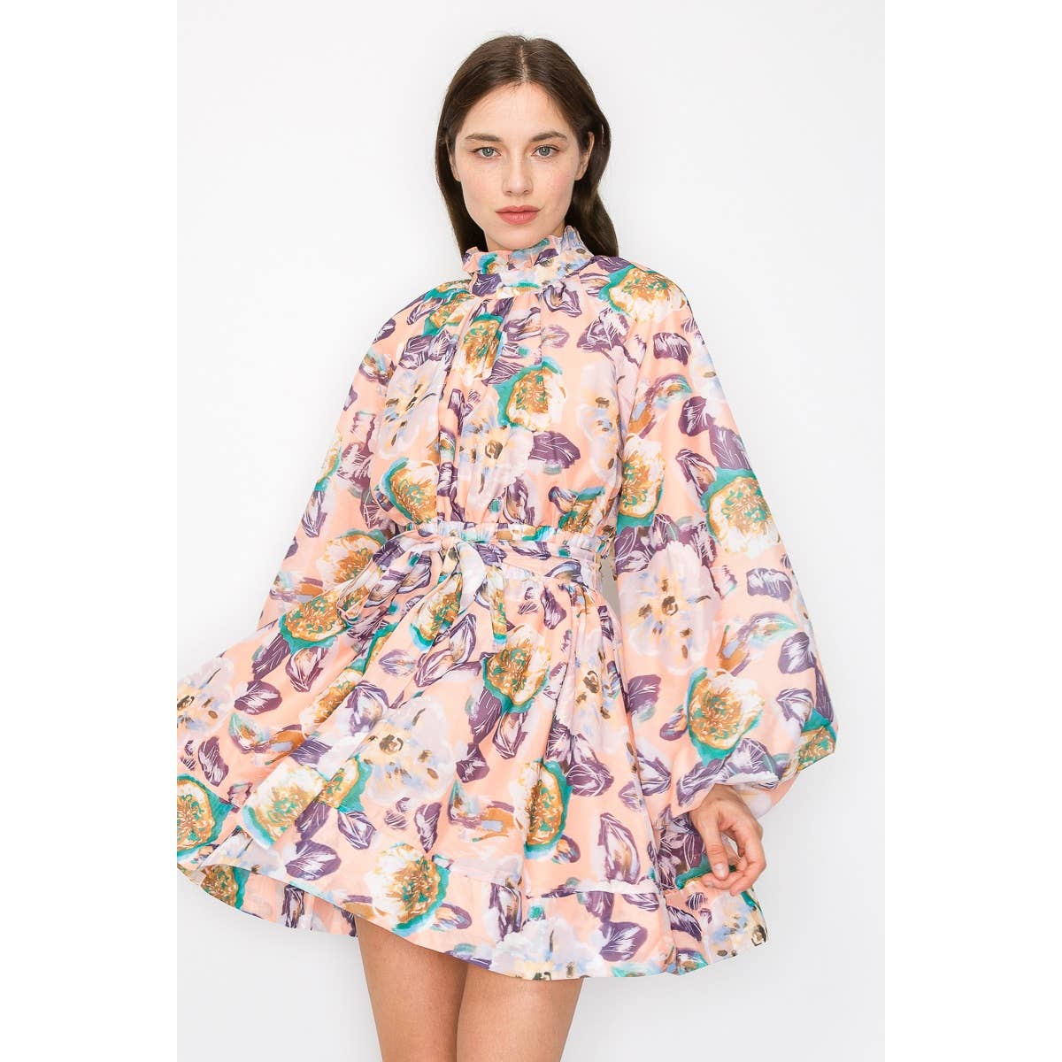 Long puff sleeve floral print self tie belt mini dress