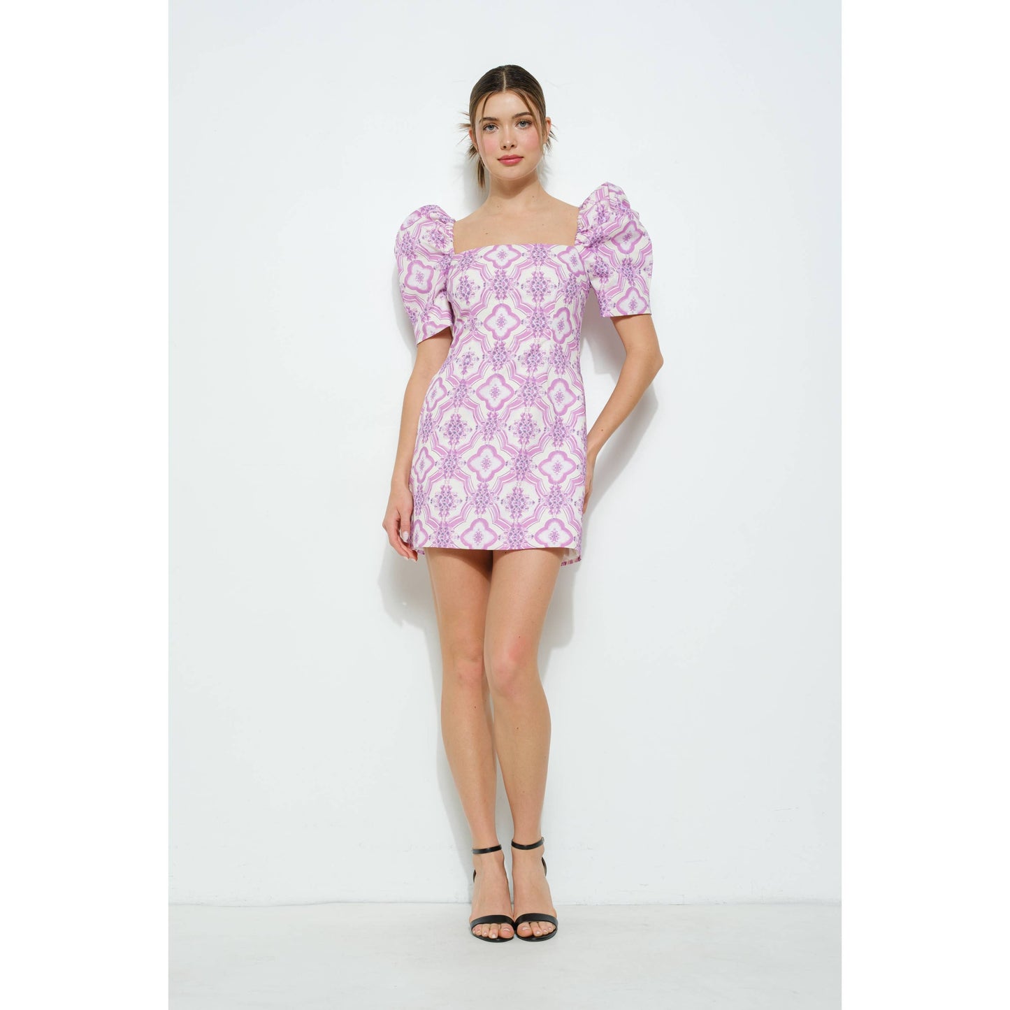 Cotton Puff Sleeve Geometric Floral Mini Dress