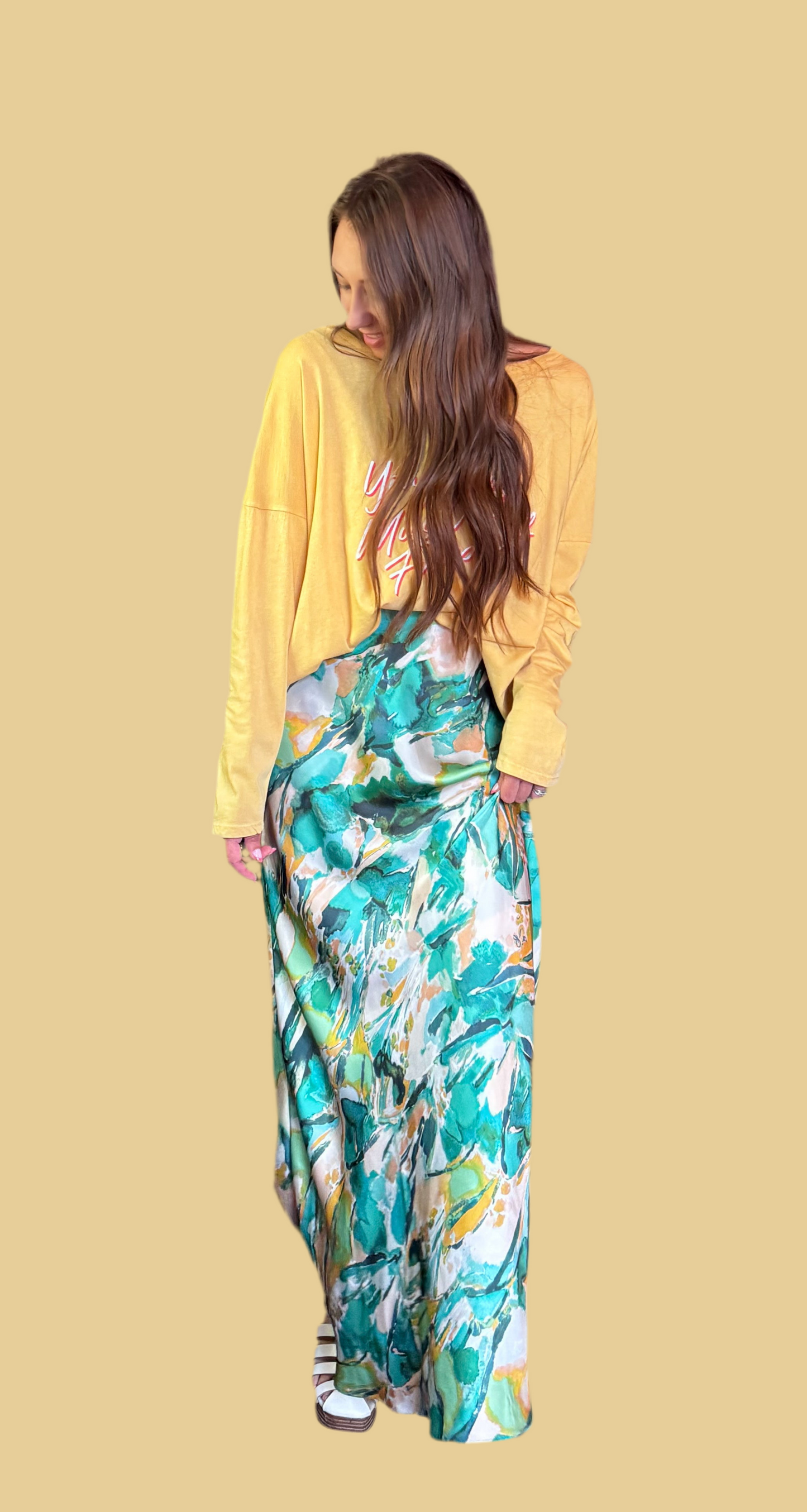Abstract-Print Satin Bias-Cut Maxi Skirt