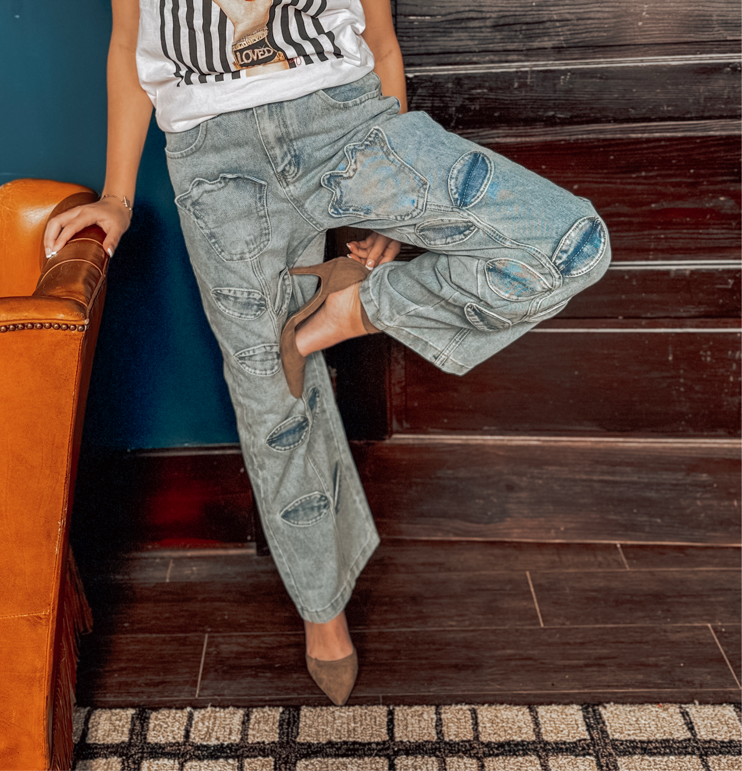 PT022Y Autumn Leaf Patchwork High Waist Denim Jeans