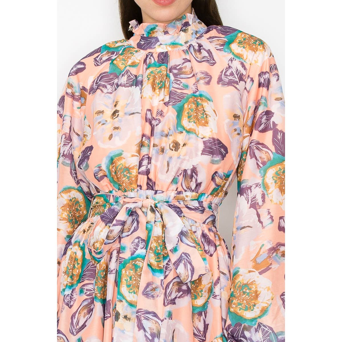 Long puff sleeve floral print self tie belt mini dress