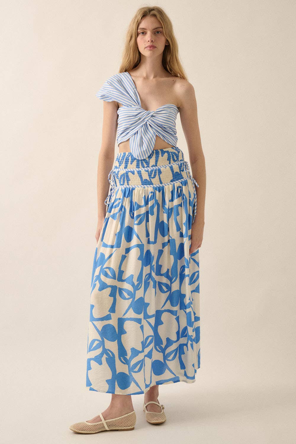 Abstract Floral-Print Tiered-Waist Maxi Skirt