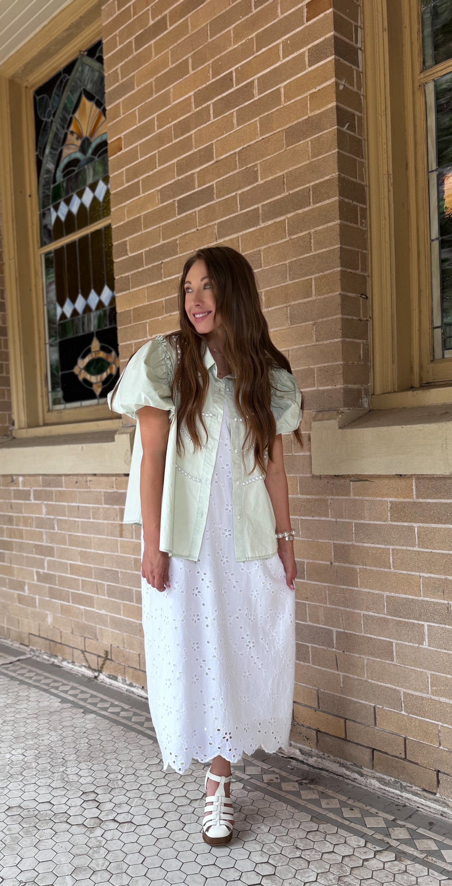 Oversize poplin pearl puff short sleeve button down shirt