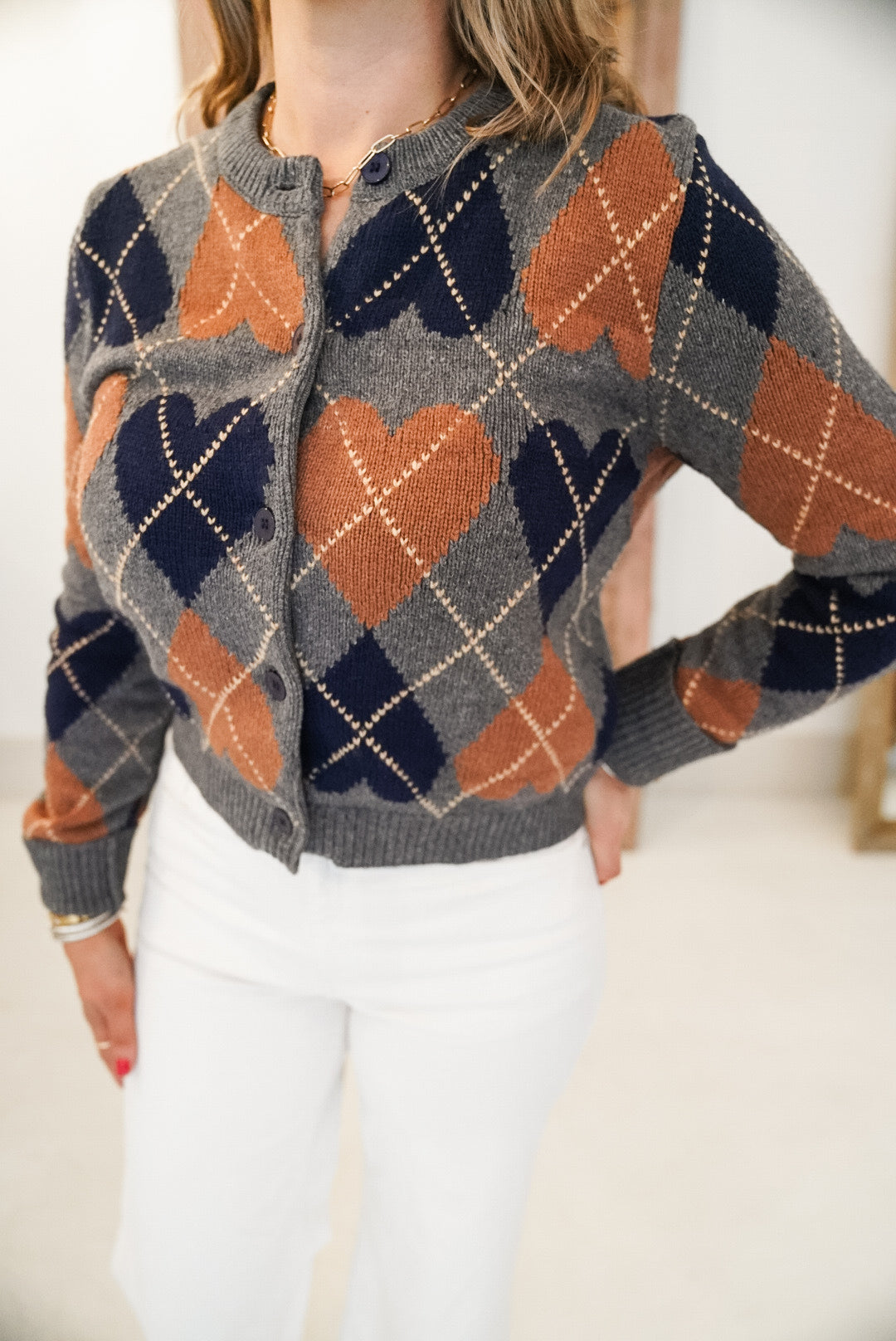 Cozy Heart Argyle Button Down Cardigan