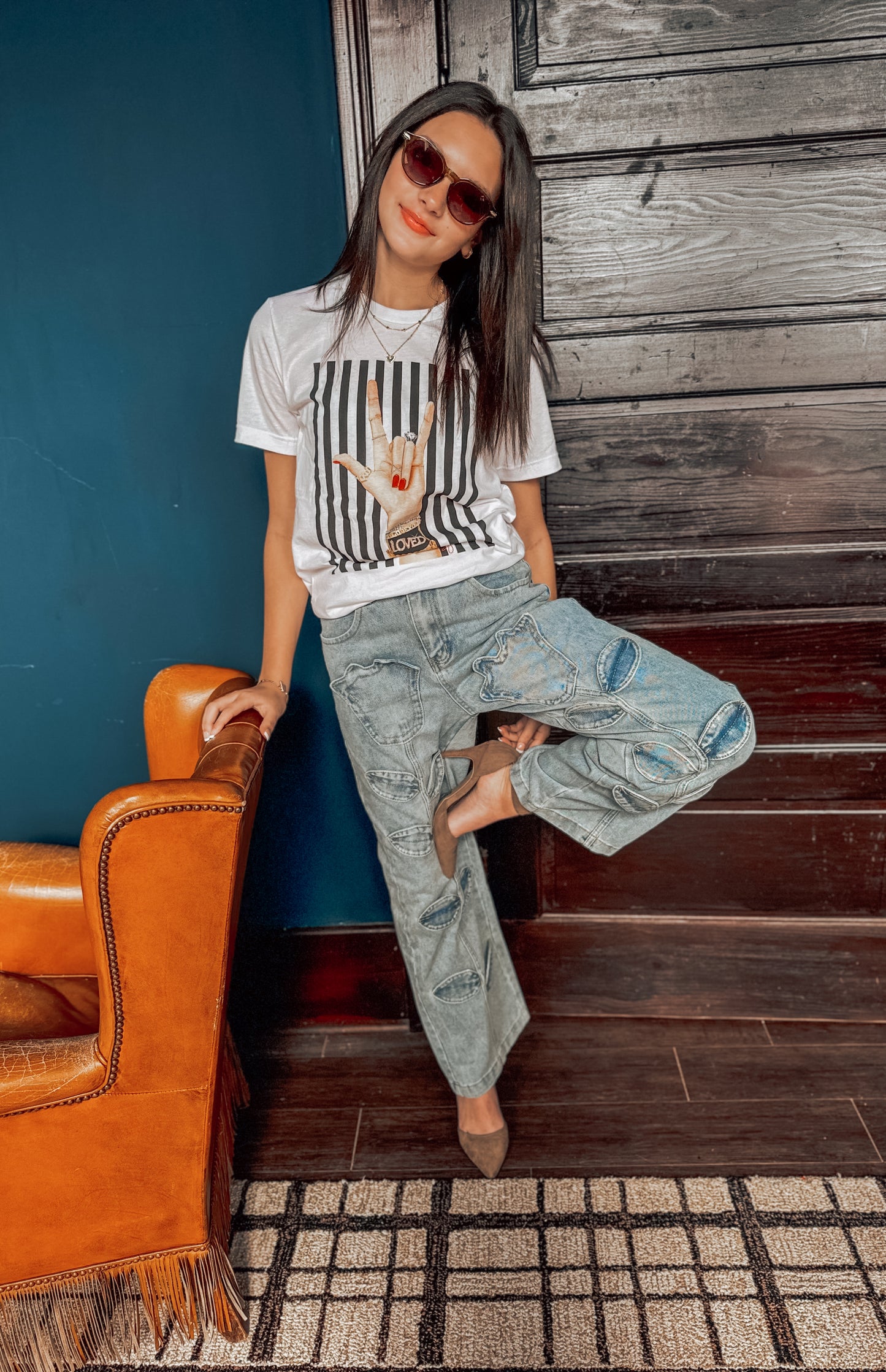 PT022Y Autumn Leaf Patchwork High Waist Denim Jeans