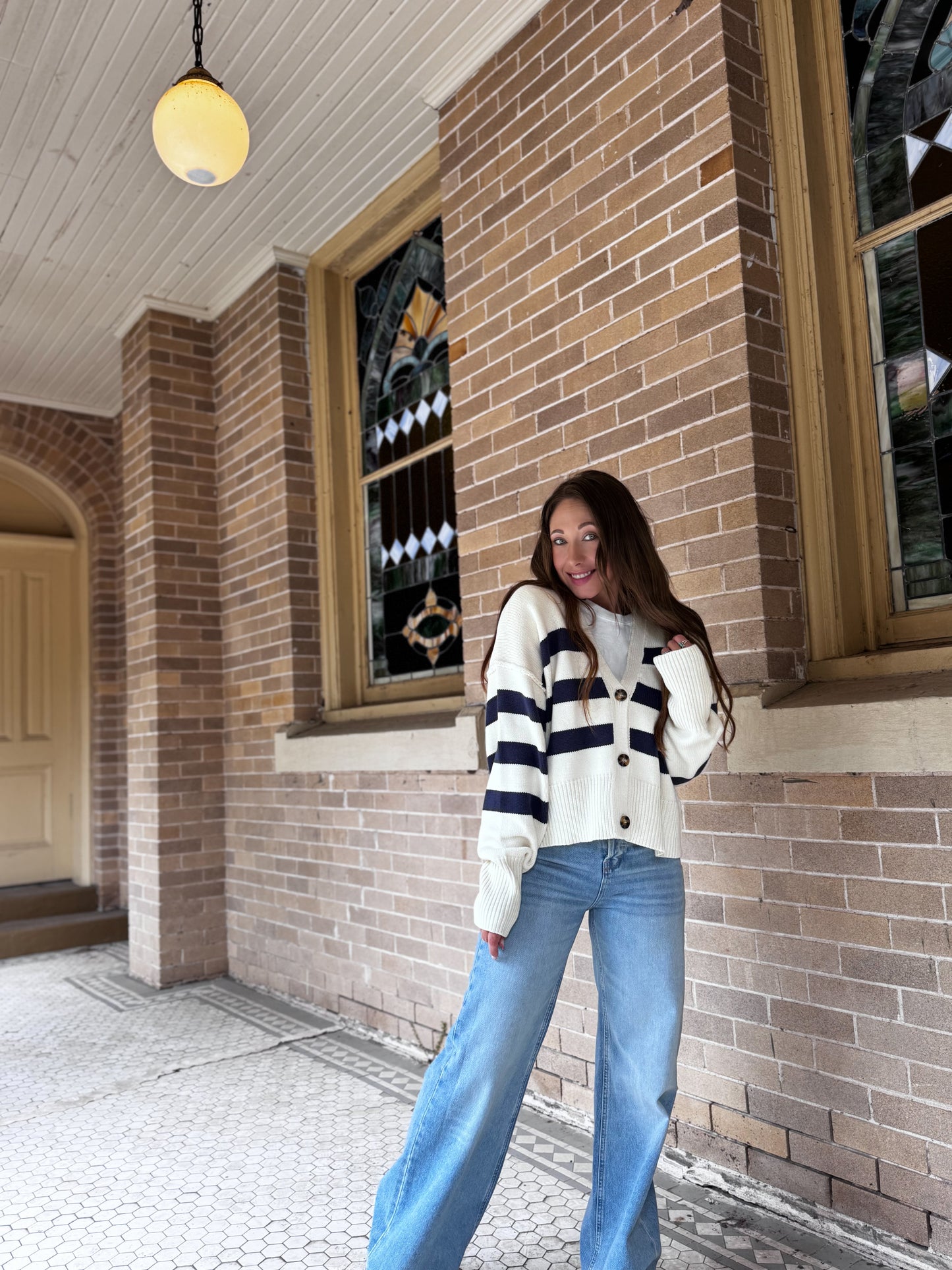 W1537 | Knit Sweater Striped Button Down Cardigan