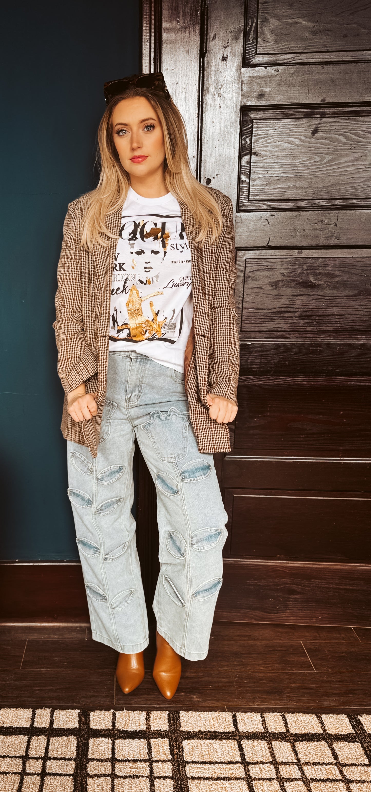 PT022Y Autumn Leaf Patchwork High Waist Denim Jeans