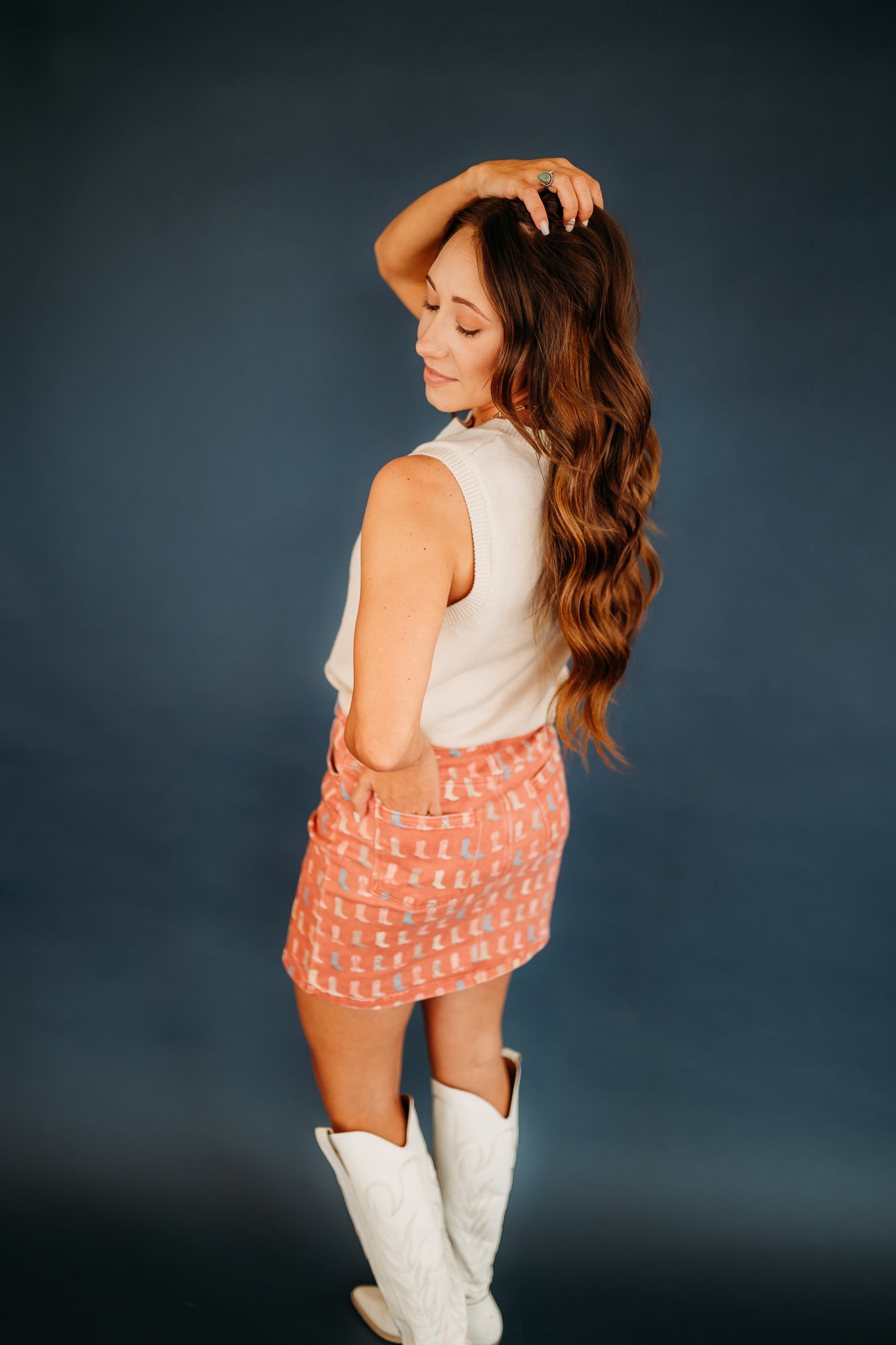 STRETCHY WESTERN BOOT PRINTS WASHED MINI SKIRT