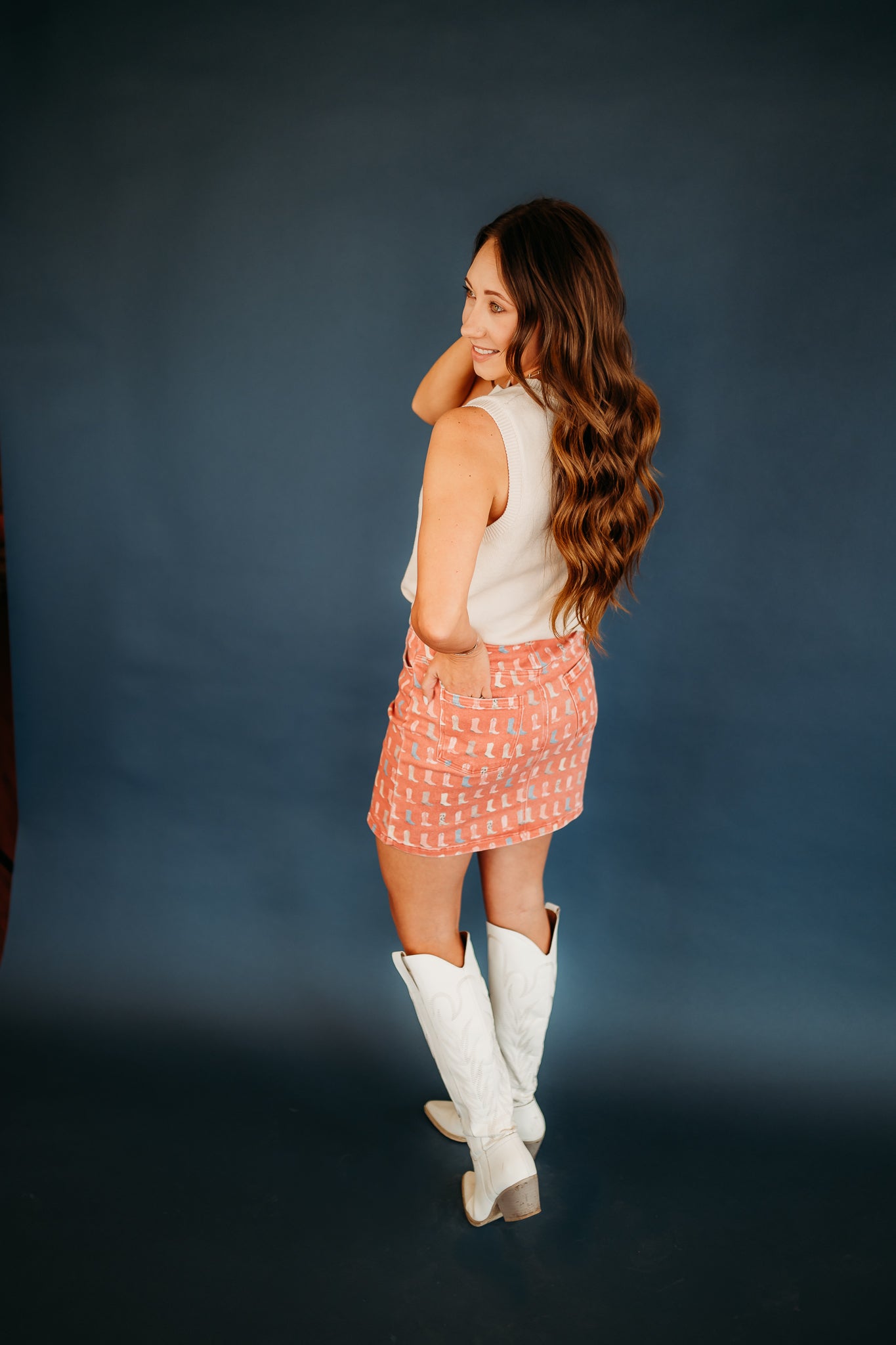 STRETCHY WESTERN BOOT PRINTS WASHED MINI SKIRT